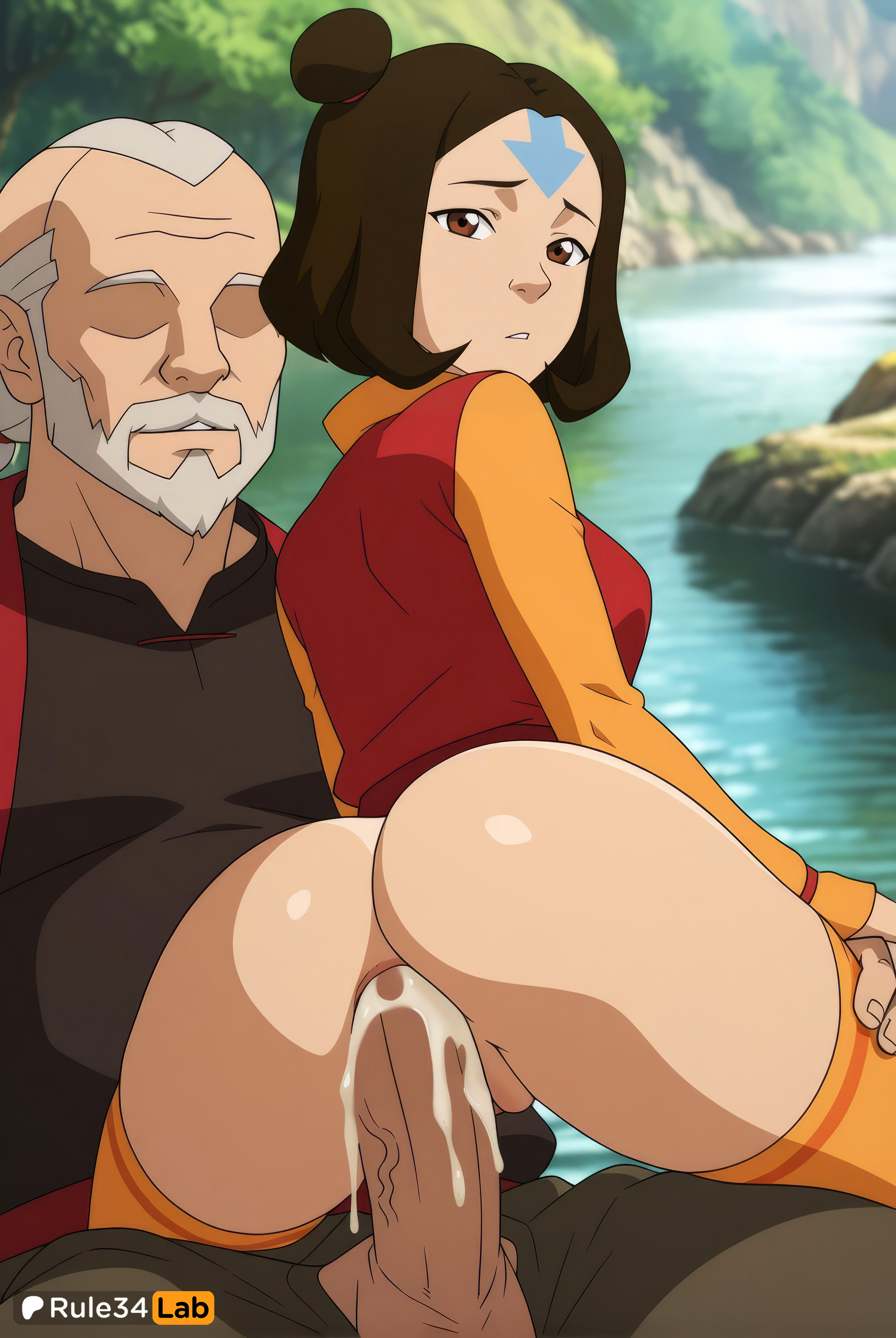 1boy, 1boy1girl, 1girls, age difference, ai generated, anal, anal sex, artist name, ass, avatar legends, bald, beard, bottomless, brown eyes, brown hair, clothed sex, cum, cum in ass, cum in pussy, cum overflow, facial hair, female, hair bun, hi res, jinora, looking back, male, male penetrating female, nickelodeon, nicktoons, old, old man, orange shirt, orange thighhighs, outdoors, penis, pussy, rule34lab, sex, shirt, short hair, single hair bun, straddling, straight, the legend of korra, thighhighs, uncensored, water