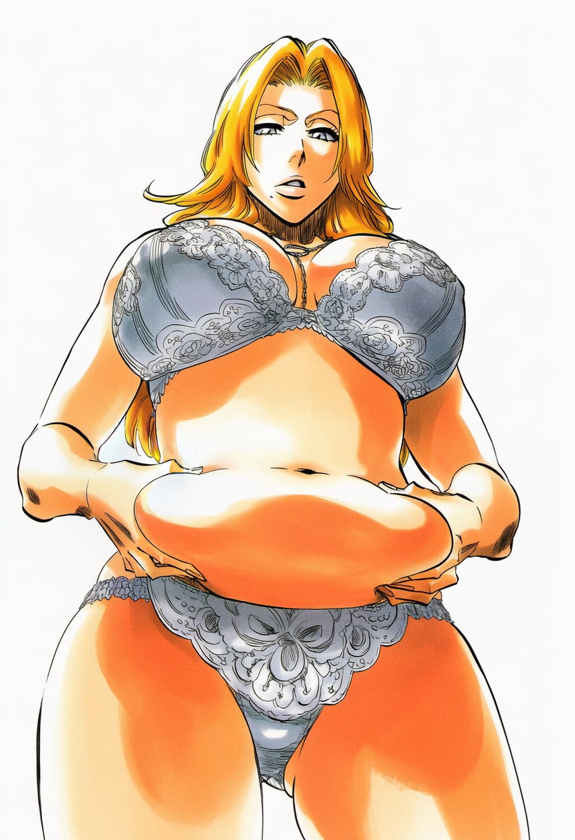 1girls, accurate art style, ai generated, ass visible through thighs, belly button, belly fat, belly grab, between breasts, big breasts, bleach, blue eyes, bra, breasts, busty, cleavage, cowboy shot, curvaceous, curvy, female, female focus, female only, from below, grey bra, grey underwear, high resolution, highres, jewelry, lace, lace bra, lace trim, lace-trimmed bra, lace-trimmed panties, large breasts, large filesize, light skin, light-skinned female, lingerie, long hair, looking at viewer, looking down, looking down at viewer, manga style, matsumoto rangiku, midriff, mole, mole under mouth, navel, necklace, orange hair, panties, pantsu, parted lips, plump, plump belly, pov, shiny hair, shiny skin, simple background, solo, solo female, solo focus, thigh gap, thighs, tite kubo style, underwear, viewed from below, voluptuous, wavy hair, weight conscious, white background, ㅇㅇ