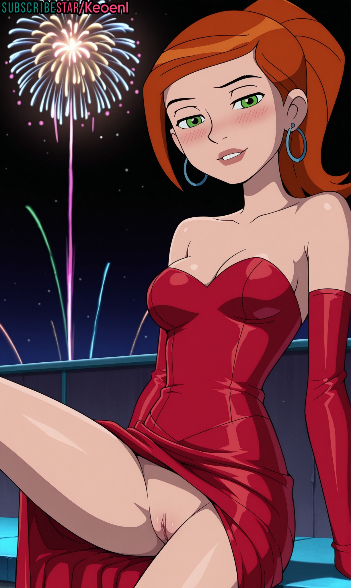 1girls, accurate art style, ai generated, arched back, ass, ben 10, ben 10 alien force, ben 10 ultimate alien, blush, breasts, cartoon network, clothed female nude male, clothed sex, clothing, dress, elbow gloves, female, female only, fireworks, flashing pussy, gloves, green eyes, gwen tennyson, gwen tennyson (alien force), gwen tennyson (ultimate alien), happy, hi res, hoop earrings, indoors, inviting, keoenl, large breasts, legs apart, locker, long hair, long sleeves, new year, night, no bra, no panties, nose blush, nude, orange hair, orgasm, outdoors, ponytail, pussy, red dress, red gloves, revealing clothes, seductive, sitting, sitting on person, smile, solo focus, subscribestar, thick thighs, wide hips