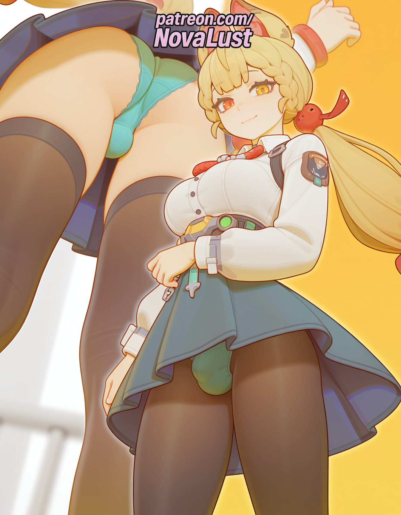 :3, 1boy, 1futa, 2025, ai generated, alice thymefield, artist name, black legwear, blonde hair, braid, bulge, crossdressing, futanari, genderswap (ftm), green panties, hi res, high quality, high resolution, highres, long hair, male focus, novalust, otoko no ko, panties, pantyhose, patreon, patreon username, penis in panties, rule 63, stable diffusion, testicles, thighhighs, underwear, watermark, zenless zone zero