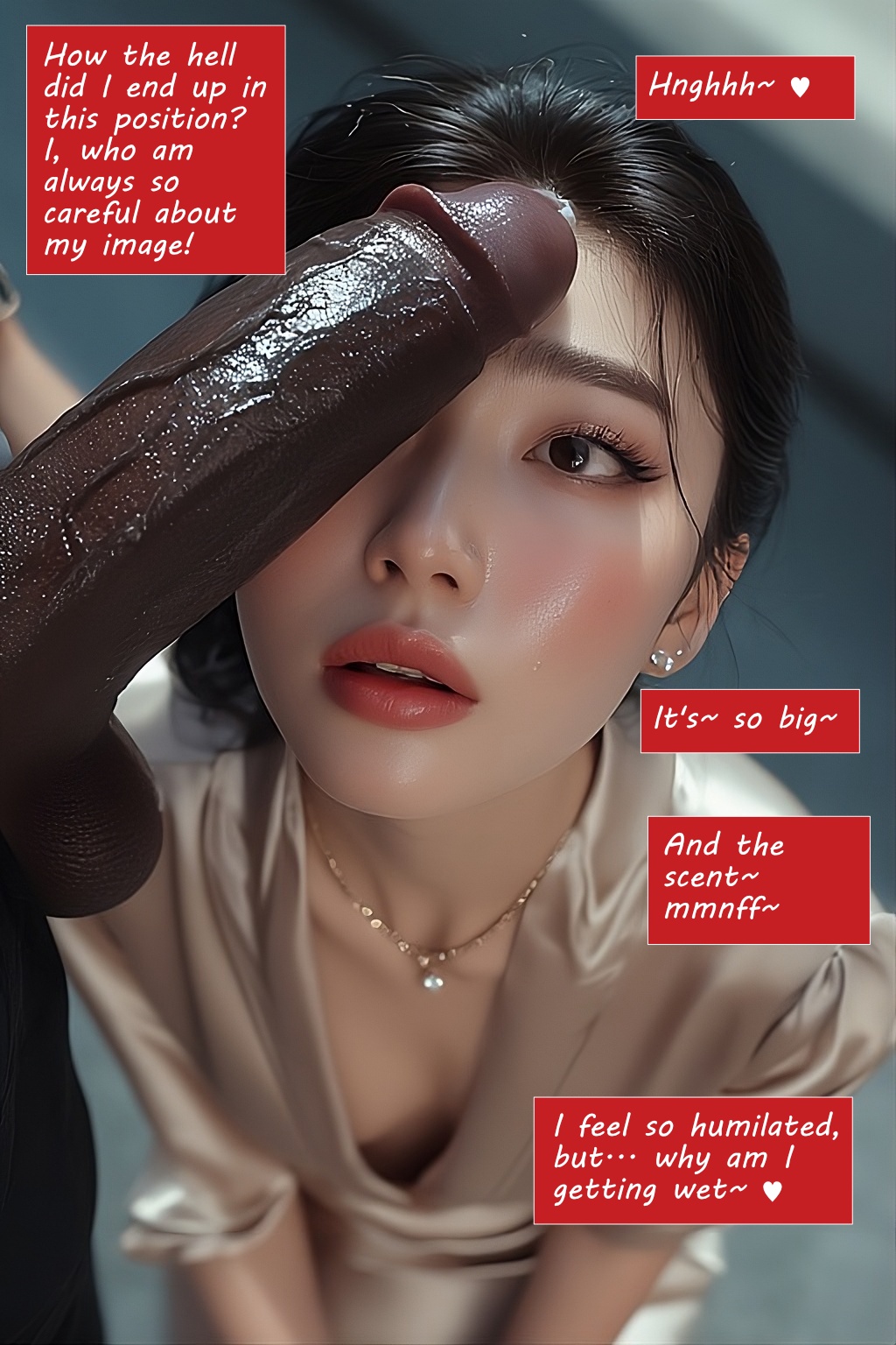 ai assisted, ai generated, aroused, aroused expression, aroused face, aroused female, blackmail, blowjob, blowjob face, business attire, business dress, business man, business suit, business woman, coerced, coerced oral, coerced pleasure, coerced submission, coercion, dark-skinned male, degradation, dialogue, dialogue box, dialogue bubble, eyeshadow, female focus, femsub, forced submission, imminent fellatio, interracial, interracial sex, japanese female, lip gloss, losing control, losing fight, losing resistence, moments before disaster, office background, office clothing, office lady, office lady outfit, office worker, older female, older female and younger male, original character, penis, penis awe, penis lick, penis on face, penis worship, reluctant, reluctant arousal, reluctant compliance, reluctant oral, reluctant sex, reluctant sub, reluctant submissive, ruined reputation, silk clothing, slutty female, story, talking to another, talking to offscreen, text, text box, threatened, threatening, transformation, turned submissive