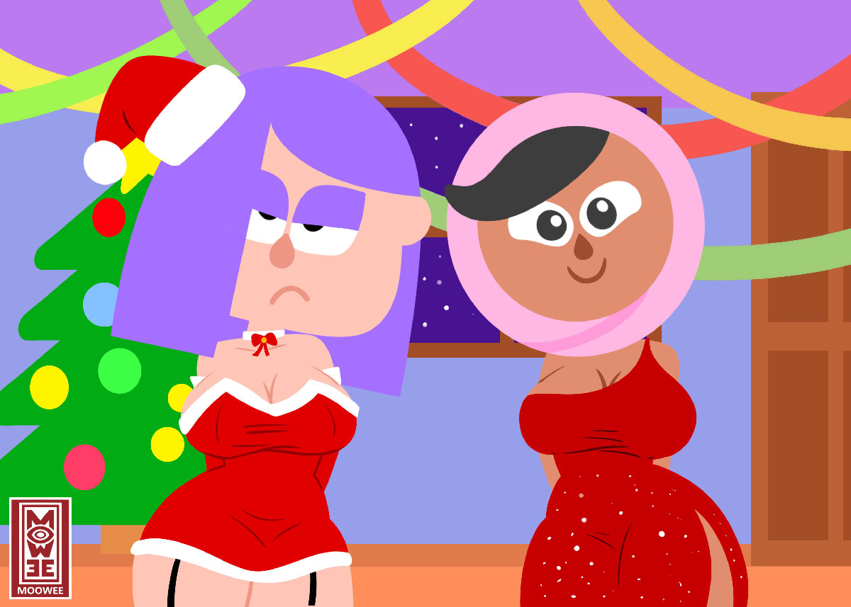 2girls, accurate art style, arabian female, artist name, big ass, big breasts, breasts, christmas, christmas clothing, christmas hat, christmas tree, cleavage, clothed, clothed female, dark skin, dark-skinned female, dress, duo, duolingo, female, female only, hat, hijab, human, light skin, light-skinned female, lily (duolingo), looking at viewer, medium hair, moowee, multiple girls, pink hijab, purple hair, red dress, santa hat, smile, tree, wide hips, zari (duolingo)