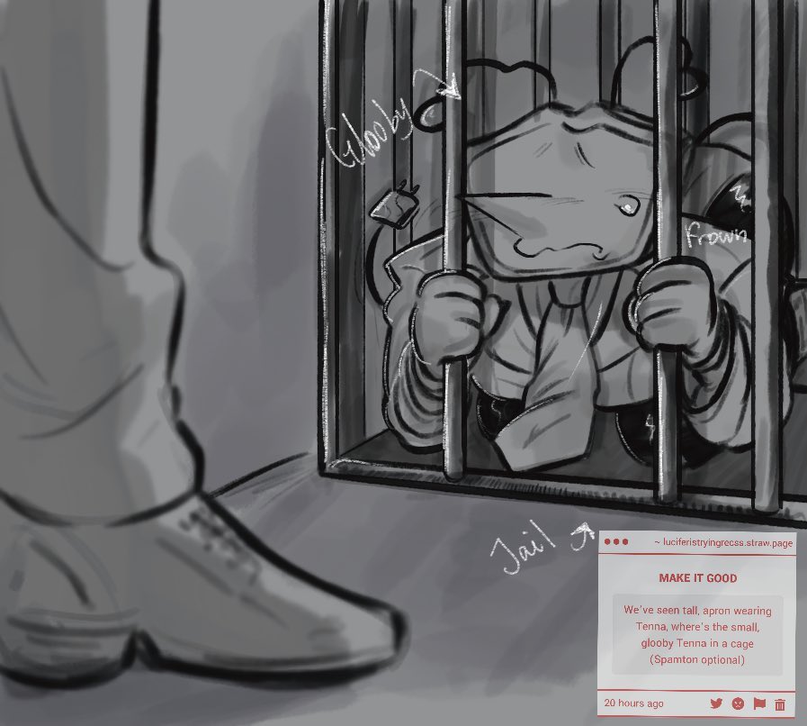 2025, 2boys, antennae, cage, caged, clothed, clothed male, clothes, clothing, deltarune, deltarune chapter 3, digital drawing (artwork), digital media (artwork), domination, english text, gay, gay domination, male, male focus, male only, male/male, monochrome, object head, on floor, on ground, on knees, pointy nose, sad, spamtenna, spamton g spamton, strawpage request, submissive, submissive male, suit, suit and tie, tear, tenna (deltarune), text, tie, tv, tv head
