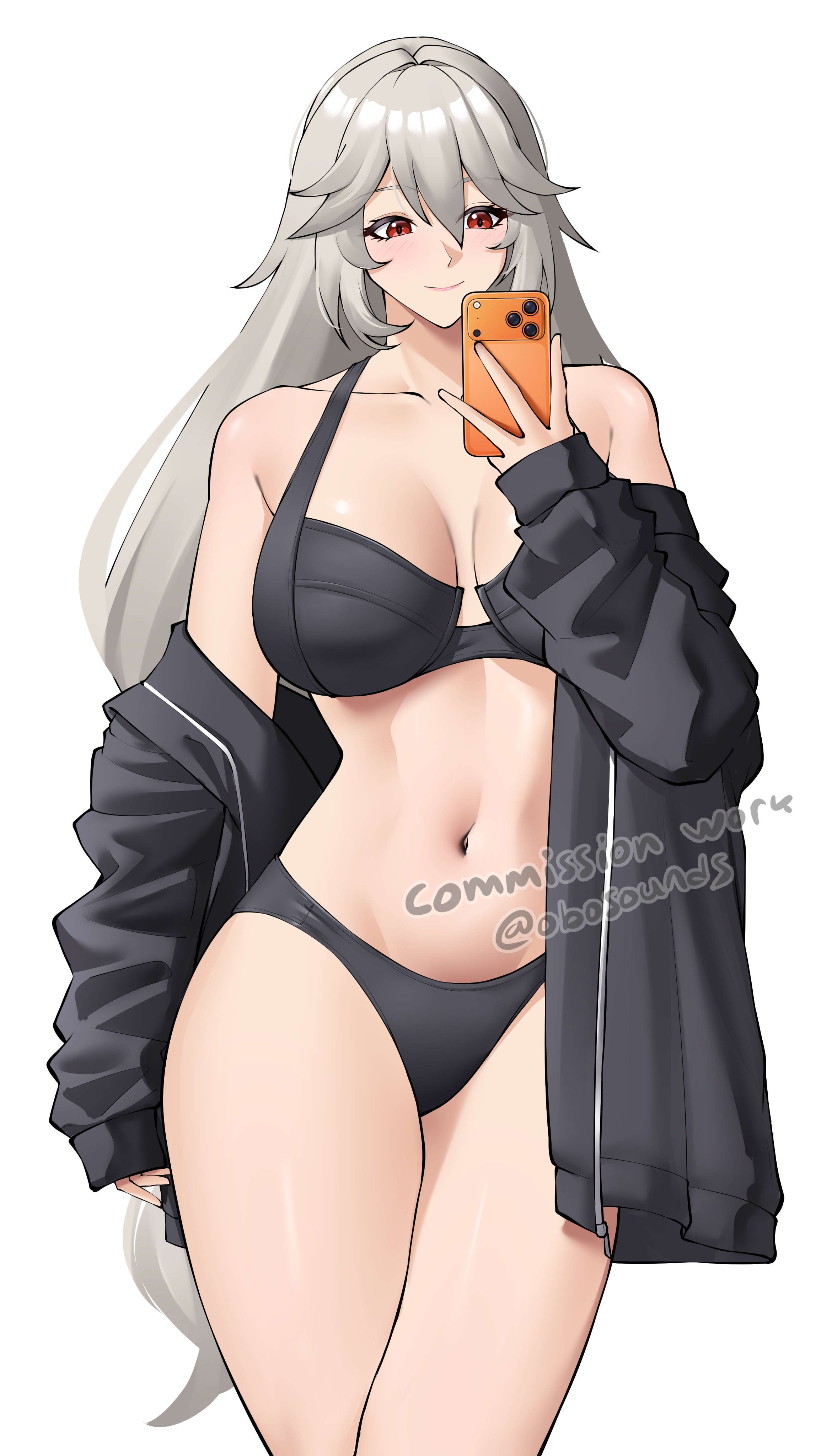 1girls, alexandrina sebastiane, apple, black bra, black panties, bra, clothing, commission, commission art, female, female focus, female only, iphone, iphone 17 pro max, legs together, light skin, light-skinned female, long hair, long hair female, matching underwear, not porn, obosounds, panties, phone, red eyes, red eyes female, smile, solo, solo female, solo focus, wide hips, zenless zone zero