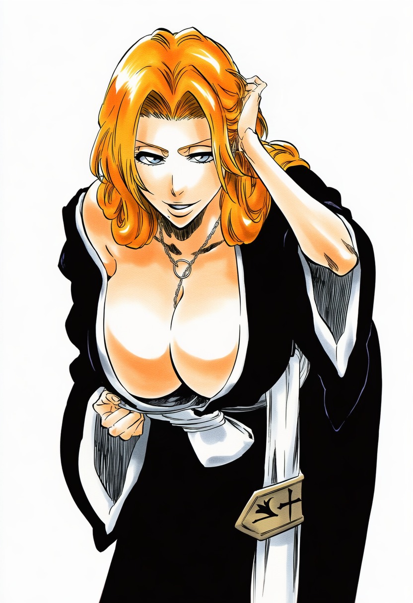 1girls, accurate art style, accurate body type, adjusting hair, ai generated, badge, bent over, between breasts, big breasts, black kimono, bleach, blue eyes, breasts, busty, cel shading, chain necklace, cleavage, clothed, clothing, curvaceous, curvy, downblouse, female, female focus, female only, grin, hair tucking, hanging breasts, haori, high resolution, highres, huge breasts, japanese clothes, jewelry, kimono, large breasts, large filesize, leaning forward, light skin, light-skinned female, line art, long hair, looking at viewer, manga style, matsumoto rangiku, mole, mole under mouth, necklace, no bra, off shoulder, orange hair, sash, shawl, shihakusho, shiny hair, shiny skin, simple background, smile, solo, solo female, solo focus, tabi, teasing, tite kubo style, traditional clothes, voluptuous, voluptuous female, wafuku, warm colors, warm lighting, wavy hair, white background, wide sleeves, ㅇㅇ