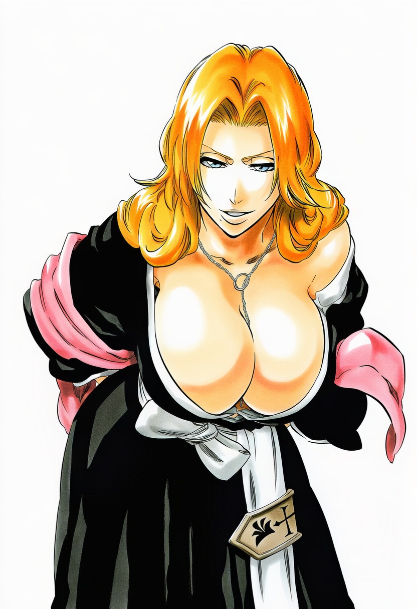 1girls, accurate art style, accurate body type, ai generated, badge, bent over, between breasts, big breasts, black kimono, bleach, blue eyes, breasts, busty, cel shading, chain necklace, cleavage, clothed, clothing, curvaceous, curvy, downblouse, female, female focus, female only, grin, haori, high resolution, highres, huge breasts, japanese clothes, jewelry, kimono, large breasts, large filesize, leaning forward, light skin, light-skinned female, line art, long hair, looking at viewer, manga style, matsumoto rangiku, mole, mole under mouth, necklace, no bra, off shoulder, orange hair, pink scarf, sash, scarf, shawl, shihakusho, shiny hair, shiny skin, simple background, smile, solo, solo female, solo focus, tabi, teasing, tite kubo style, traditional clothes, voluptuous, voluptuous female, wafuku, warm colors, wavy hair, white background, ㅇㅇ
