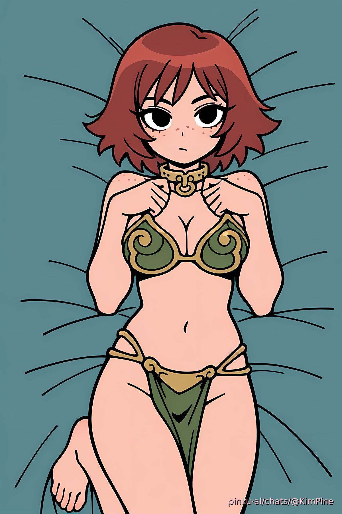1girls, ai generated, barefoot, black eyes, collar, freckles on face, freckles on shoulders, gold collar, gold jewelry, hands on breasts, harem girl, harem outfit, hourglass figure, kim pine, kimberly pine, laying down, laying on back, laying on bed, looking at viewer, pelvic curtain, pinku.ai, red hair, redhead female, scott pilgrim, scott pilgrim takes off, short hair, slave leia (cosplay), solo, star wars