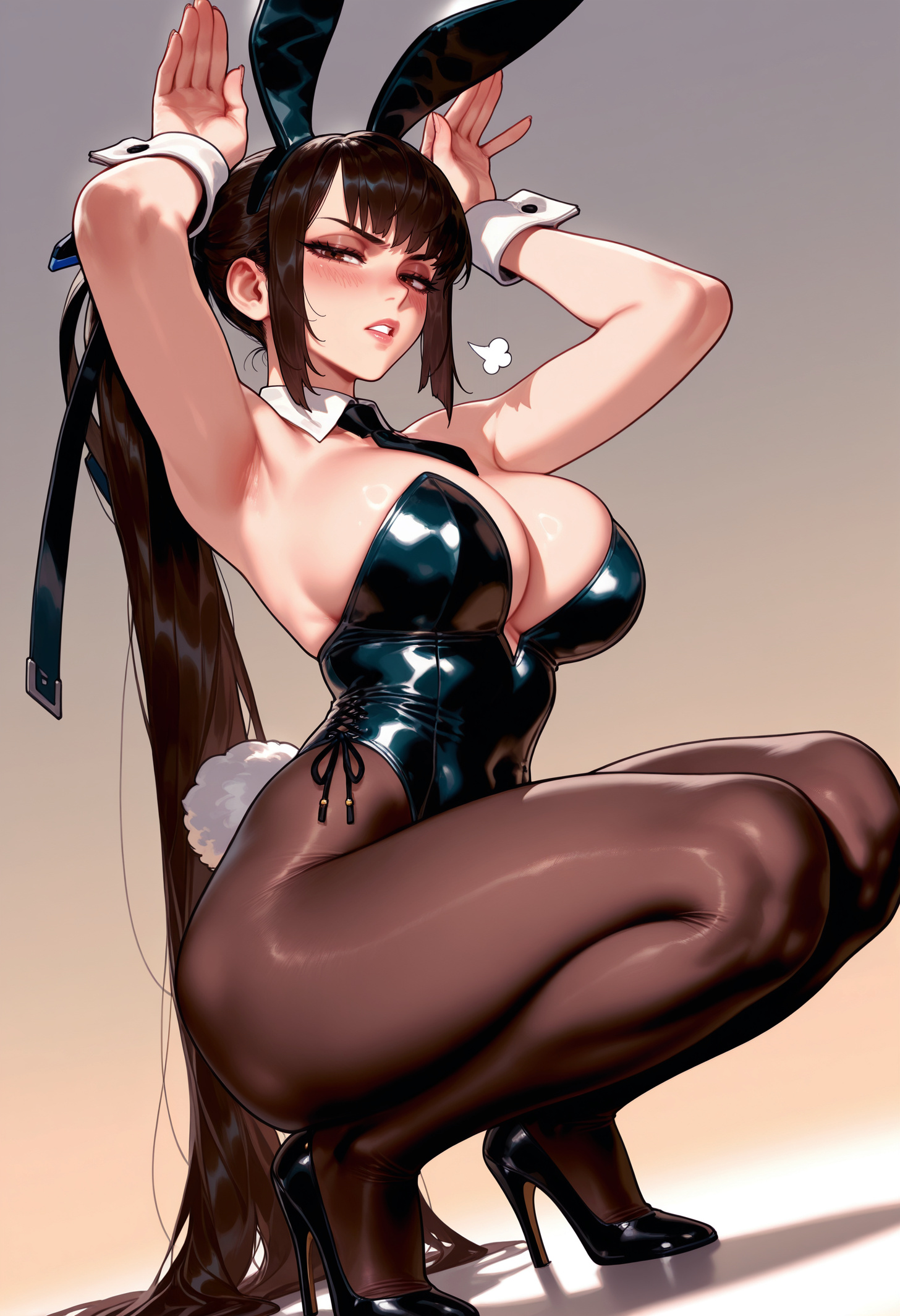 1girls, ai generated, animal ears, animal tail, armpits, arms up, balecxi, bangs, bare shoulders, black footwear, black leotard, black necktie, black pantyhose, blush, breasts, brown eyes, brown hair, brown pantyhose, bunny tail, bunnysuit, cleavage, clothing, curvaceous, curvaceous female, curvaceous figure, curvy, curvy figure, detached collar, eve (stellar blade), fake animal ears, fake tail, female, female focus, female only, footwear, full body, gradient background, high heels, highleg, highleg leotard, inviting, large breasts, legwear, leotard, lips, long hair, looking at viewer, necktie, pantyhose, parted lips, ponytail, presenting, presenting ass, presenting breasts, presenting hindquarters, presenting self, puff of air, rabbit ears, rabbit pose, rabbit tail, ribbon, seductive, seductive look, seductive smile, shiny clothes, shiny skin, shoes, side-tie leotard, sidelocks, solo, squatting, stellar blade, strapless, strapless leotard, sweatdrop, tail, teeth, thick thighs, thighs, very long hair, voluptuous, voluptuous female, white wrist cuffs, wrist cuffs