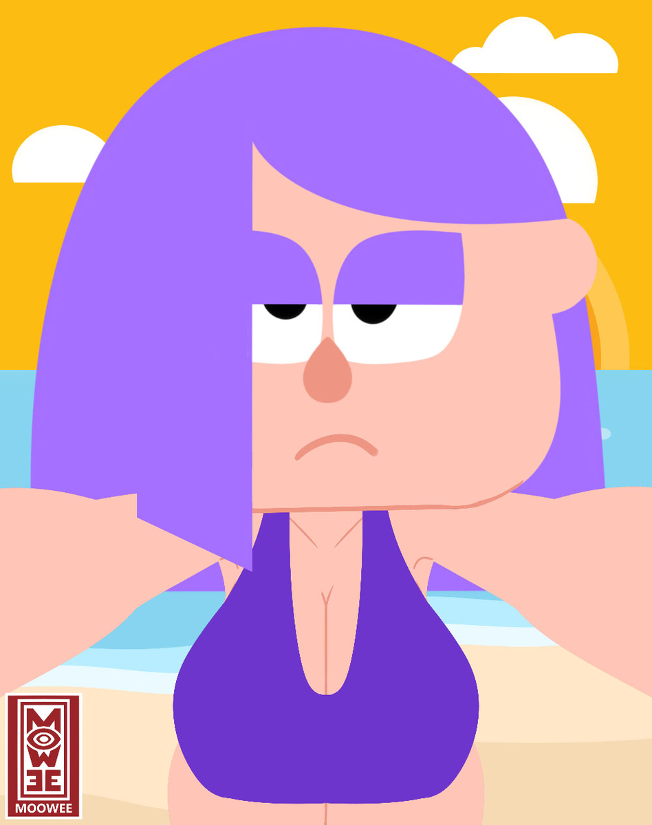 1girls, accurate art style, beach, big breasts, duolingo, female, huge breasts, lily (duolingo), moowee, solo, swimsuit