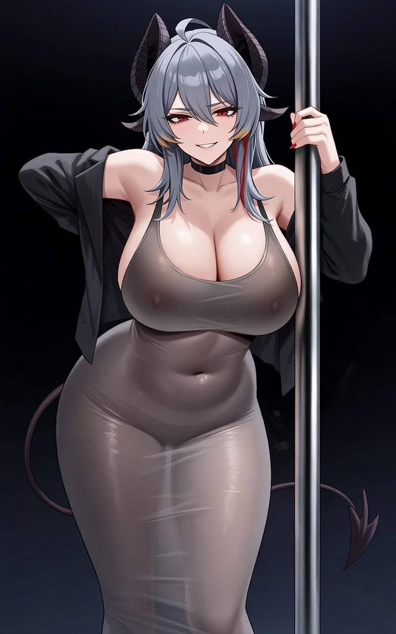 ai art, ai generated, bangs, black choker, black horns, black jacket, breast focus, choker, cleavage, curvy, dark lighting, dark skin, demon girl, demon horns, demon tail, female, female only, glossy latex, glowing eyes, grey hair, grey skin, hourglass figure, huge breasts, indoors, large breasts, latex, latex dress, midjourney, neon lighting, nipples visible through clothing, novelai, off shoulder, open jacket, pole, pole dancing, prehensile tail, red eyes, sheer dress, skin tight, slit pupils, smirk, solo, stable diffusion, strip club, stripper, succubus, teasing smile, thick thighs, transparent, transparent clothes, very long hair, voluptuous, wide hips, wuthering waves, zani (wuthering waves)