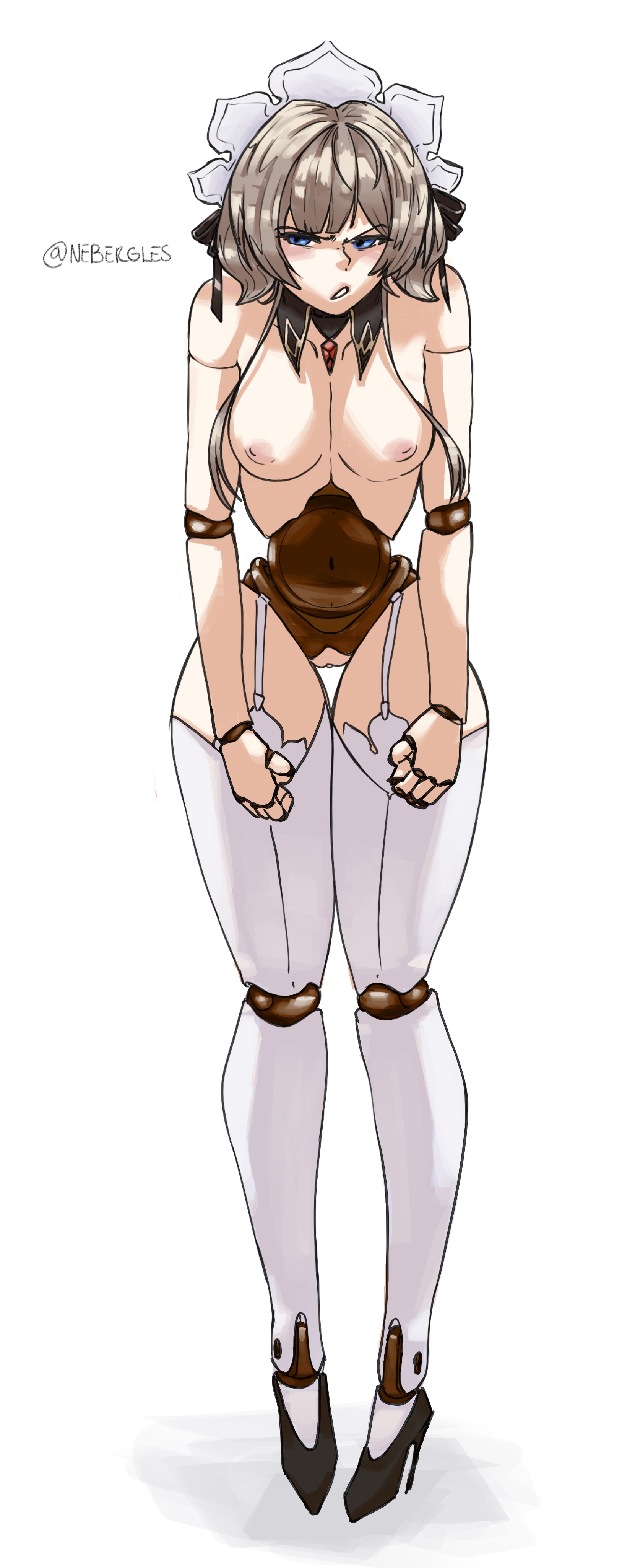 1girls, annoyed, breasts, female, genshin impact, hair ornament, high heels, humanoid, nebergles, pussy, robot, sandrone (genshin impact), sex toy, short hair, stockings