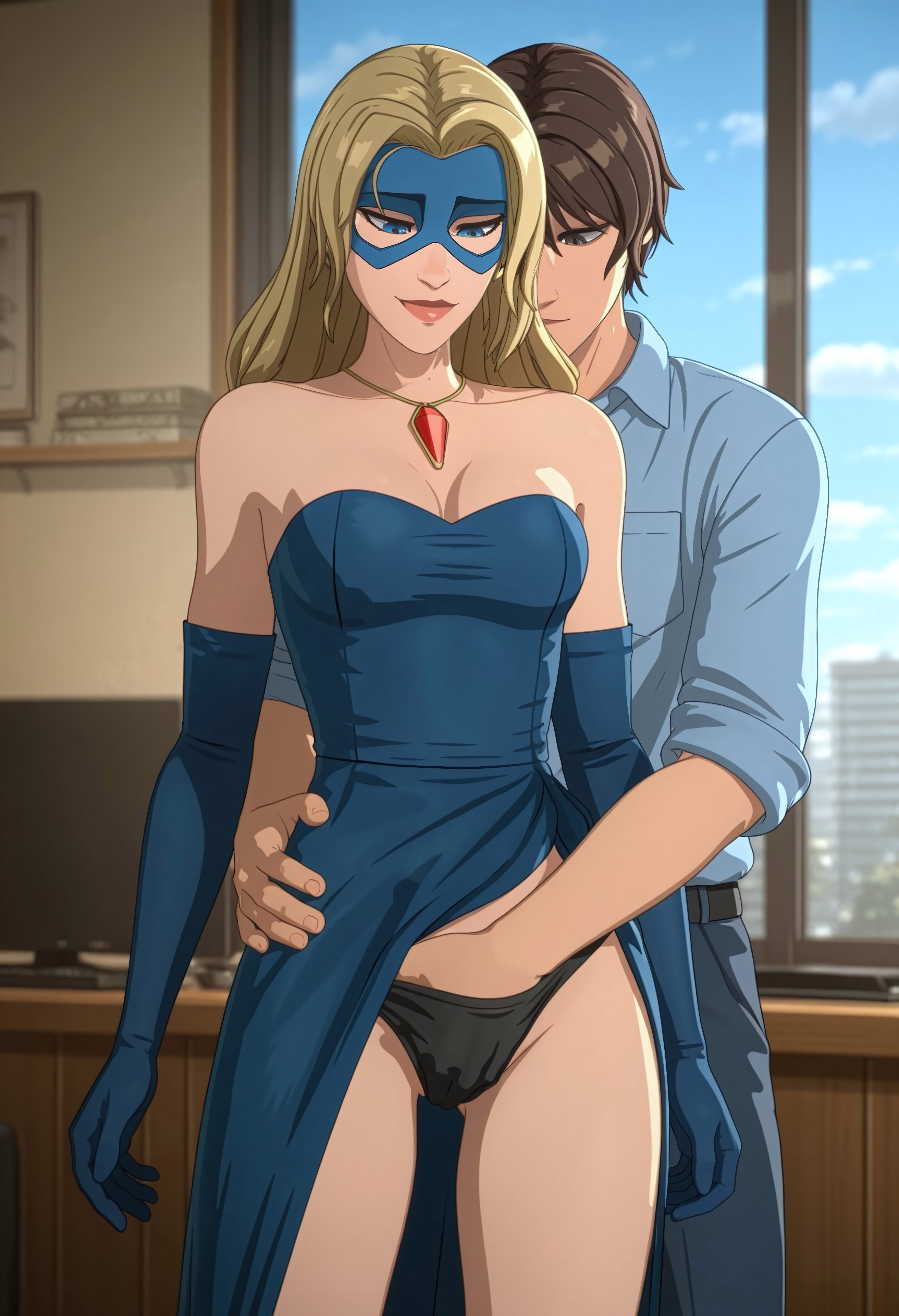 ai generated, black panties, blonde blazer, blonde female, blonde hair, blue eyes, dispatch (game), domino mask, dress, elbow gloves, fingering, hand in another's panties, hand in panties, mask, office, panties, sexy body, superheroine, underwear