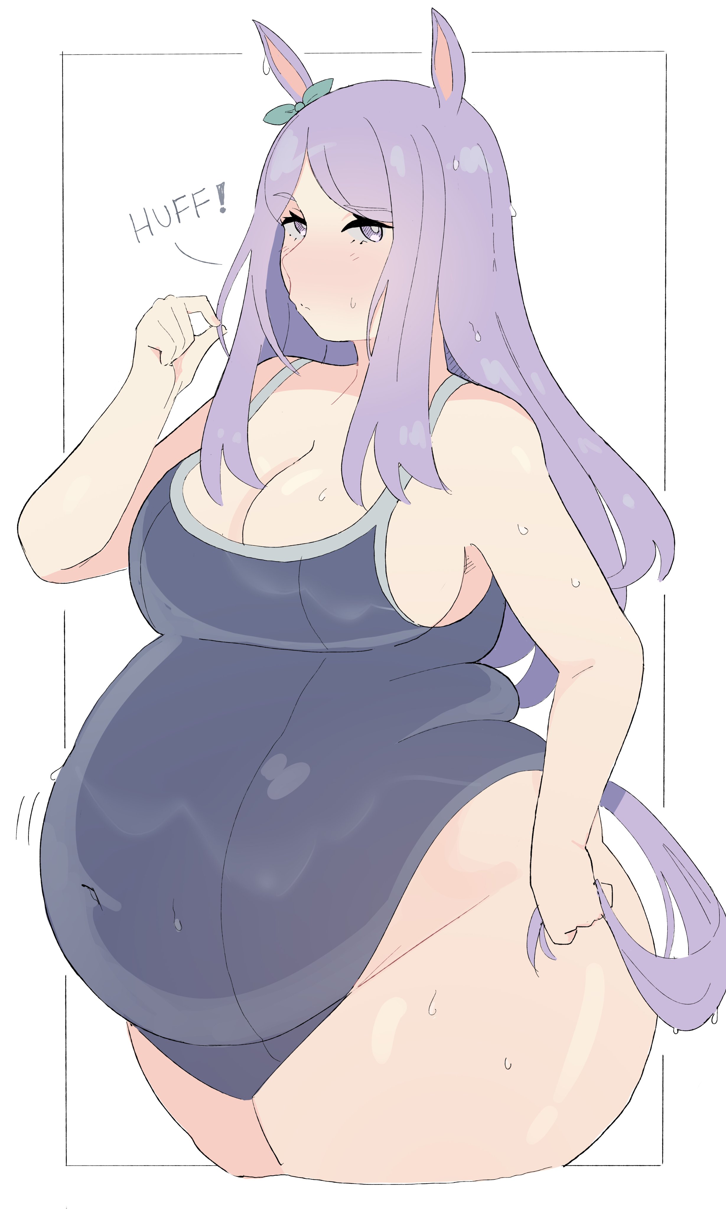 1girls, big breasts, cleavage, fat, fat female, female, female only, huge belly, large breasts, mejiro mcqueen (umamusume), napolitane, solo, solo female, standing, swimsuit, thick thighs, umamusume, weight gain