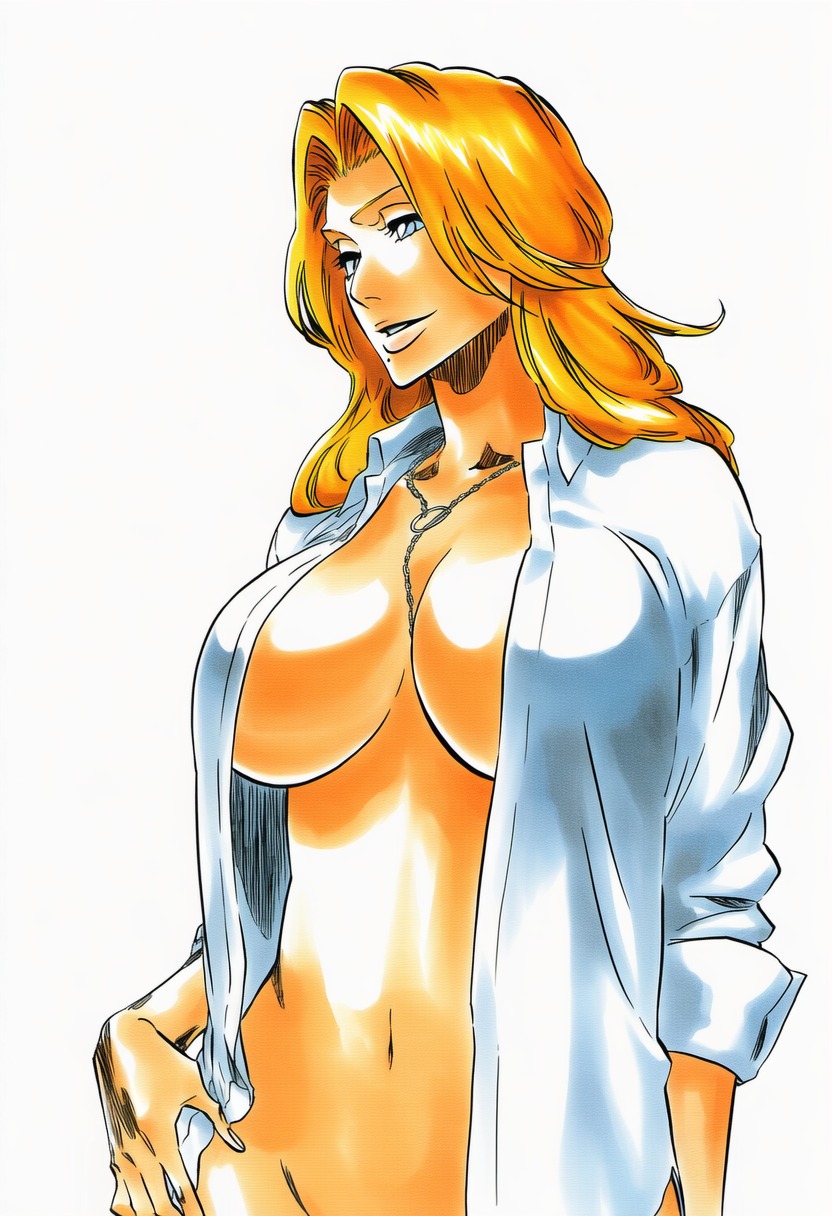 1girls, accurate art style, accurate body type, ai generated, bare torso, belly button, between breasts, bleach, blonde hair, blue eyes, bottomless, breasts, busty, chain necklace, chains, cleavage, clothing, collarbone, collared shirt, convenient censoring, covered nipples, curvaceous, curvy, dress shirt, female, female focus, female only, groin, hand on hip, hand on own hip, high resolution, highres, hourglass figure, huge breasts, jewelry, large breasts, large filesize, light skin, light-skinned female, lips, long hair, long sleeves, looking to the side, manga style, matsumoto rangiku, midriff, mole, mole under mouth, naked shirt, narrow waist, navel, necklace, no bra, no panties, open clothes, open shirt, orange hair, out-of-frame censoring, parted lips, shiny hair, shiny skin, shirt, simple background, sleeves pushed up, sleeves rolled up, smile, solo, solo focus, standing, stomach, three-quarter view, tite kubo style, unbuttoned, upper body, voluptuous, voluptuous female, white background, white shirt, wide hips, ㅇㅇ