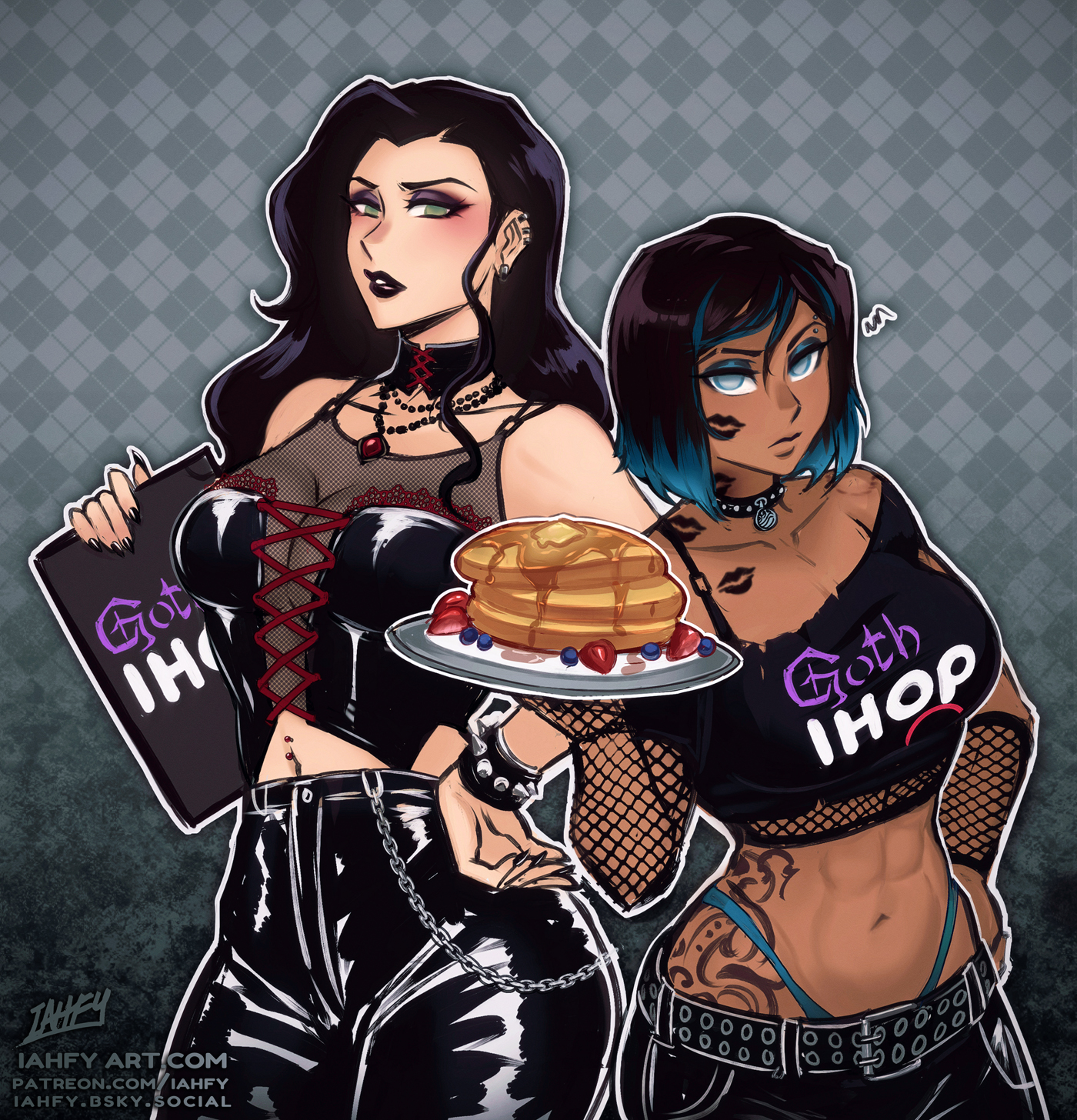 2025, 2girls, abs, artist logo, artist name, asami sato, ass, athletic, athletic female, big ass, big breasts, black lips, black lipstick, black nails, blue eyeshadow, blue highlights, bracelet, breakfast, breasts, canon couple, choker, clothed, clothed female, clothing, collar, crop top, english, english text, eyeshadow, female, female focus, female only, food, fully clothed, fully clothed female, goth, goth ihop, iahfy, ihop, kiss mark, kiss mark on chest, kiss mark on face, kiss mark on neck, korra, leather, leather clothing, leather pants, light skin, light-skinned female, lips, lipstick, lipstick mark, mascara, menu, nail polish, necklace, nickelodeon, pancake, pancakes, paramount pictures, pierced ears, piercing, piercings, purple eyeshadow, short shorts, shorts, solo, solo female, solo focus, spiked bracelet, tan body, tan skin, tan-skinned female, tattoo, tattoo on belly, text, the legend of korra, thick thighs, thighs, thong