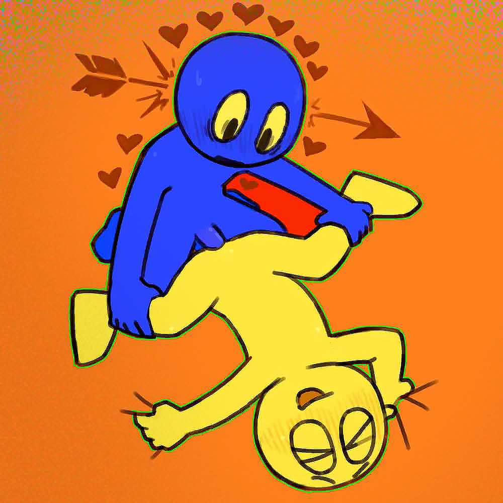 ambiguous gender, ambiguous penetration, blue skin, closed eyes, grabbing sheets, heart, heart symbol, hearts around head, homunculus100, love making, male, male penetrating, male/ambiguous, orange background, original, original character, original characters, penetration, penile penetration, penis, shocked, shocked expression, simple background, stickman, yellow skin
