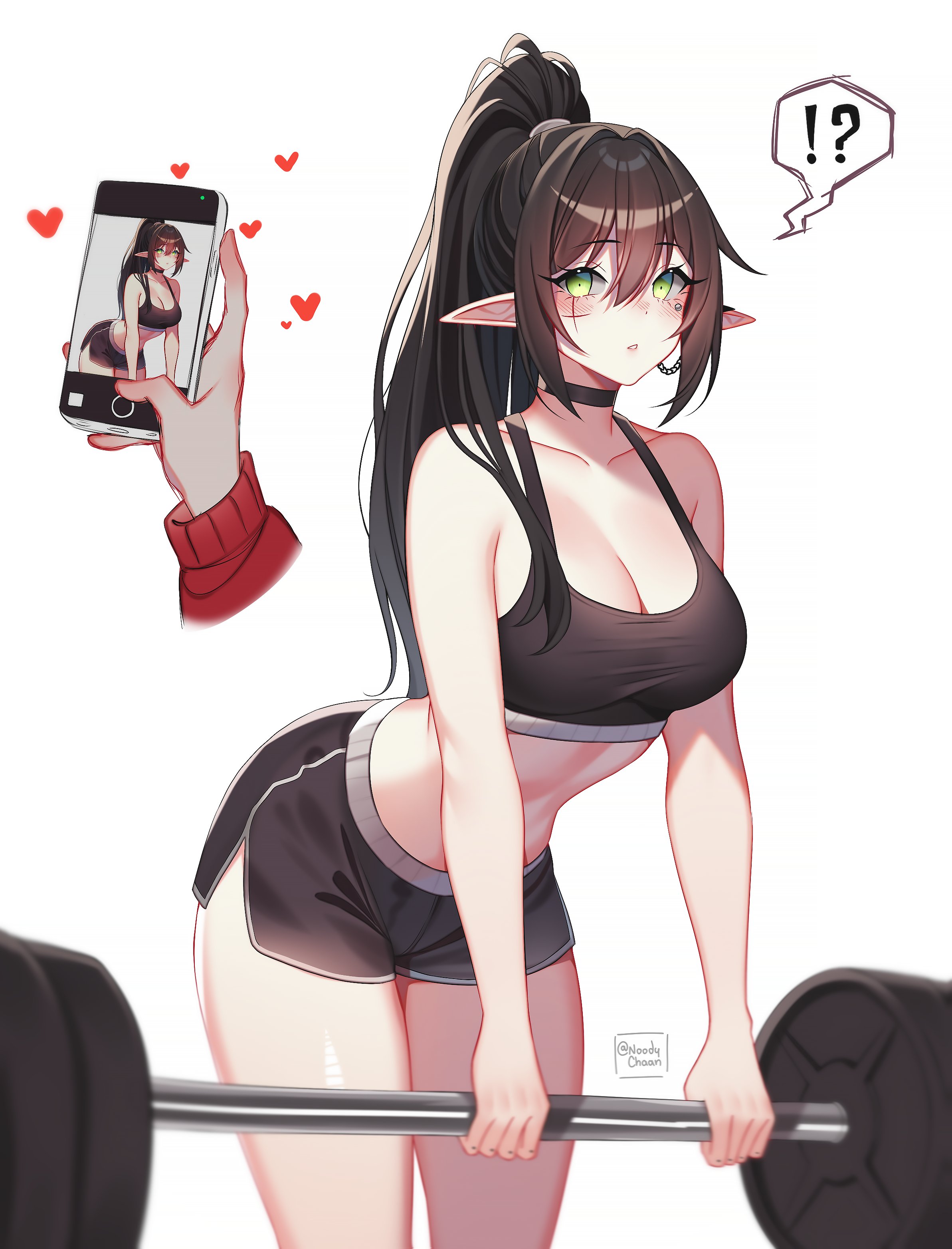!?, absurdres, barbell, bare shoulders, black choker, black hair, black sports bra, blush, breasts, cellphone, choker, cleavage, collarbone, dolphin shorts, elf, elf ears, female, female focus, green eyes, highres, indie virtual youtuber, large breasts, layna lazar, leaning forward, light blush, long hair, noodychaan, phone, pointy ears, ponytail, shorts, sidelocks, signature, simple background, speech bubble, spoken interrobang, sports bra, sportswear, upper body, virtual youtuber, white background, wispy bangs