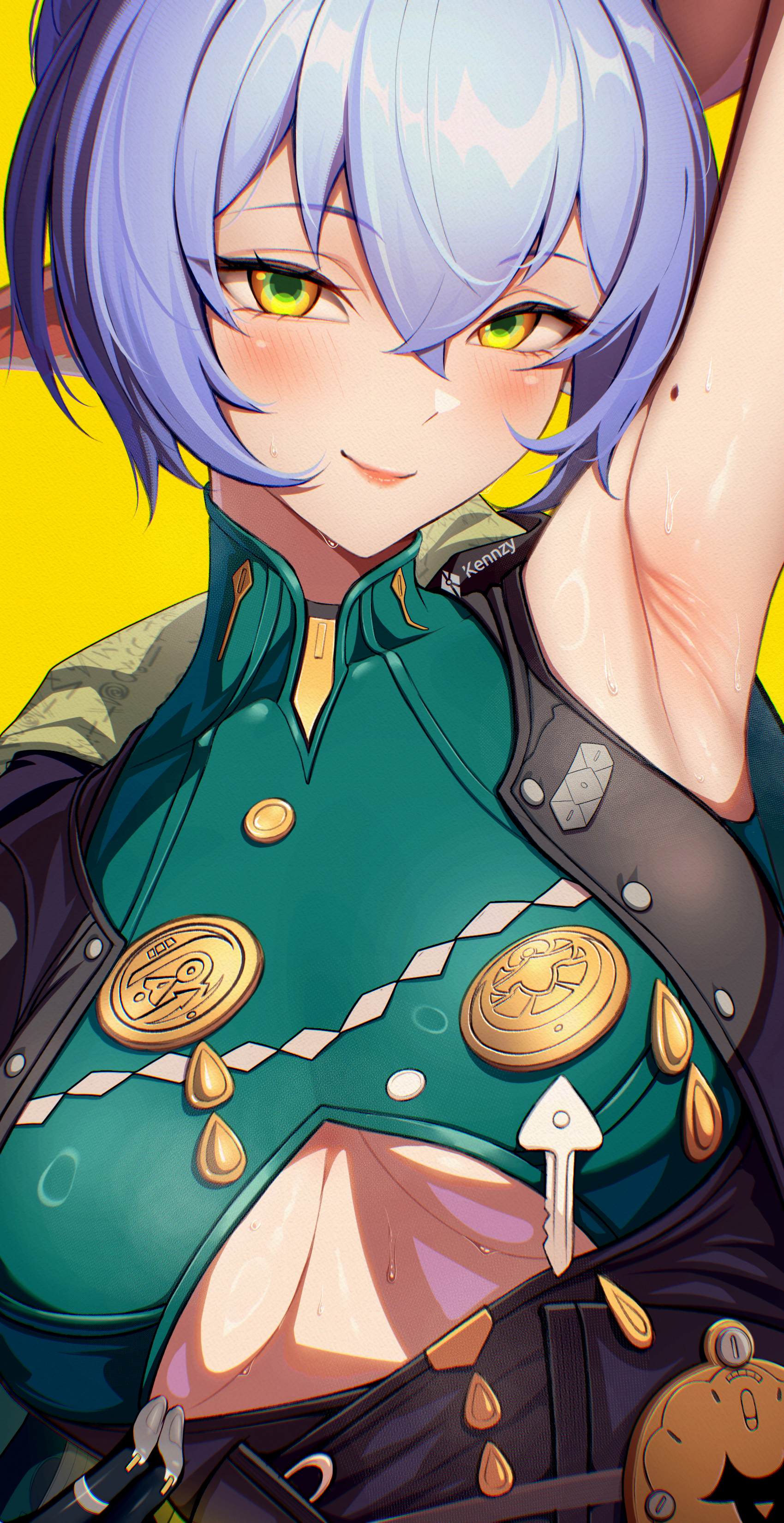 1girls, absurdres, arm behind head, arm up, armpit focus, armpits, blue hair, blush, breasts, cleavage cutout, closed mouth, clothing cutout, commentary, crossed bangs, female, female only, green eyes, green shirt, hair between eyes, highres, kenn artz, large breasts, looking at viewer, lucia elowen, mandarin collar, mole, mole on armpit, multicolored eyes, pointy ears, shirt, short hair, solo, sweat, two-tone eyes, underboob, underboob cutout, upper body, yellow eyes, zenless zone zero