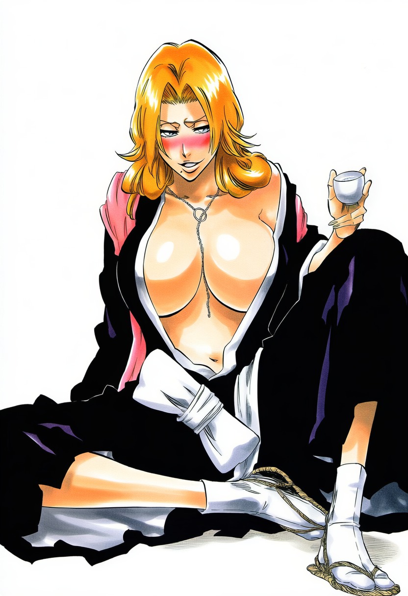 1girls, accurate art style, accurate body type, ai generated, alcohol, badge, belly button, between breasts, big breasts, black kimono, bleach, blue eyes, blush, breasts, busty, cel shading, chain necklace, cleavage, clothed, clothing, cup, curvaceous, curvy, drunk, female, female focus, female only, full body, haori, high resolution, highres, huge breasts, japanese clothes, jewelry, kimono, large breasts, large filesize, light skin, light-skinned female, line art, long hair, looking at viewer, manga style, matsumoto rangiku, mole, mole under mouth, navel, necklace, no bra, nose blush, off shoulder, open clothes, orange hair, pink scarf, robe, sake, sandals, sash, scarf, shawl, shihakusho, shiny hair, shiny skin, simple background, sitting, smile, solo, solo female, solo focus, tabi, tite kubo style, traditional clothes, voluptuous, voluptuous female, wafuku, warm colors, warm lighting, wavy hair, white background, ㅇㅇ
