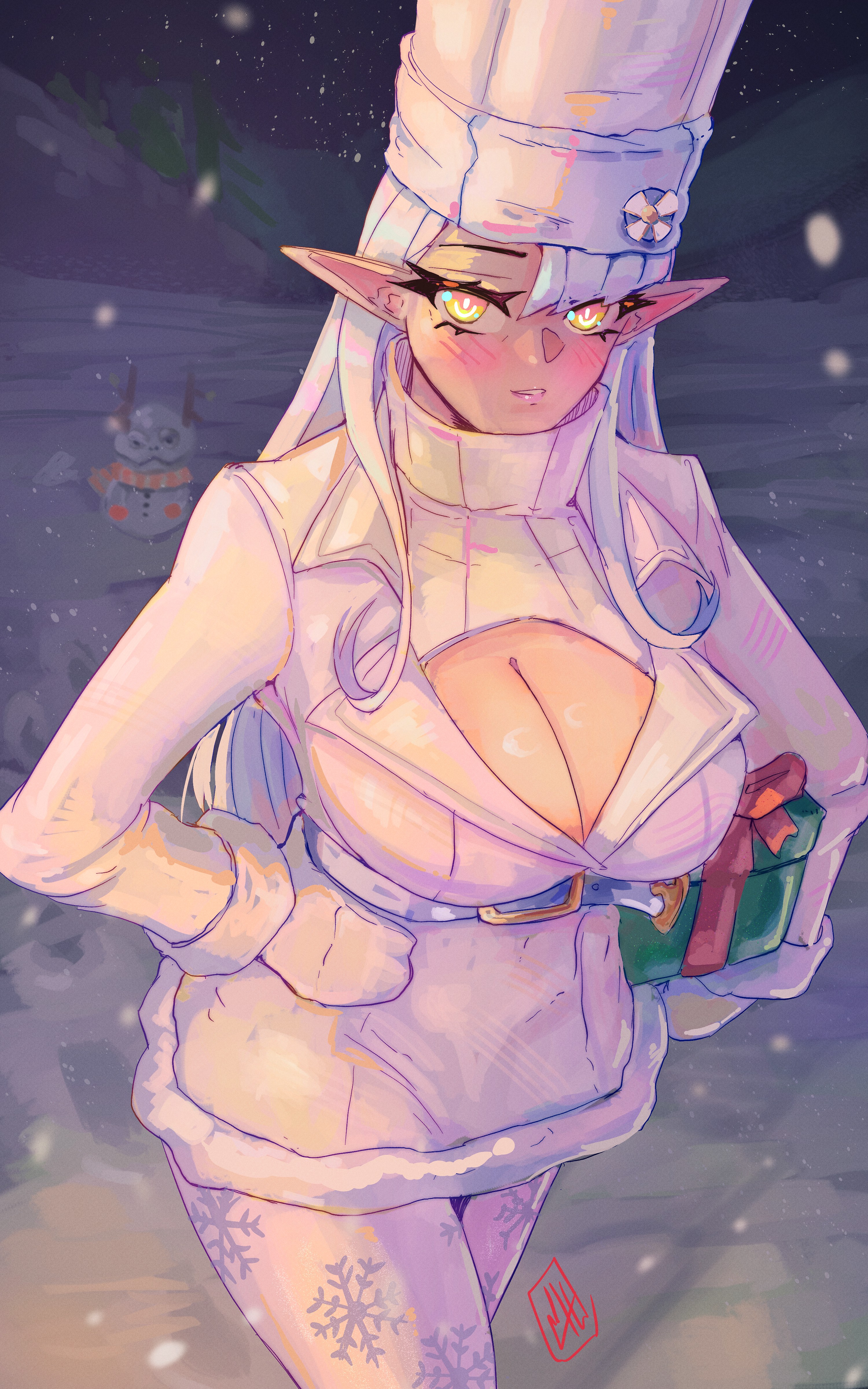 absurdres, belt, blush, boutsoftheblind, breasts, christmas present, cleavage, cleavage cutout, closed mouth, clothing cutout, female, gift, gloves, grey hair, hand on own hip, hat, highres, holding, holding gift, indie virtual youtuber, jacket, large breasts, last post of the year, looking at viewer, outdoors, pantyhose, sidelocks, smile, snow, snowing, solo, sweater, turtleneck, turtleneck sweater, virgin killer sweater, virtual youtuber, white belt, white gloves, white hat, white jacket, white pantyhose, white sweater, winter, yellow eyes, zentreya, zentreya (cyborg), zentreya (jolly zen)