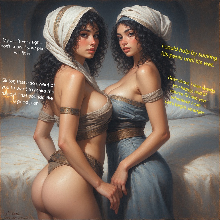 2girls, ai generated, arabian clothes, arabian female, ass, bed, before sex, bra, breasts, candle, candles, cave, conjugal slavery, dialogue, english text, exposed ass, headscarf, hijab, incest, incest (lore), ready to fuck, realistic, sexy body, siblings, sisters, text, text bubble