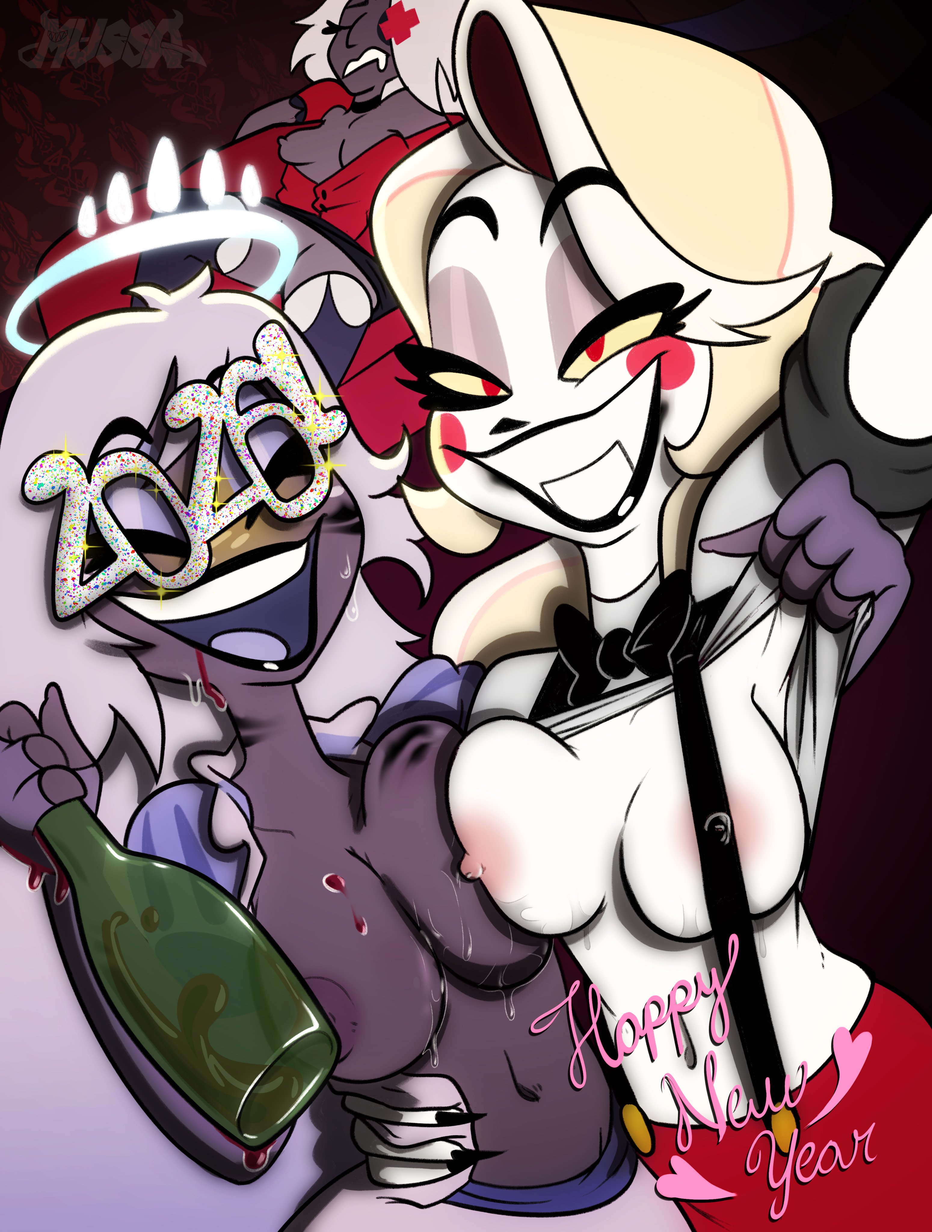3girls, breasts, champagne, charlie morningstar (hazbin hotel), drinking, drunk, emily (hazbin hotel), halo, happy new year, hazbin hotel, impmussa, intoxicated, medium breasts, mussa, new year, passed out, sexy, smile, smiling, tagme, twitter, vaggie (hazbin hotel), vivienne medrano, vivziepop, yuri