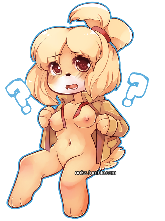 alternate_breast_size animal_crossing black_nose blush breasts canine clothing female hair isabelle_(animal_crossing) mammal nintendo nipples ookami-kun open_mouth pussy shih_tzu solo tongue undressing video_games