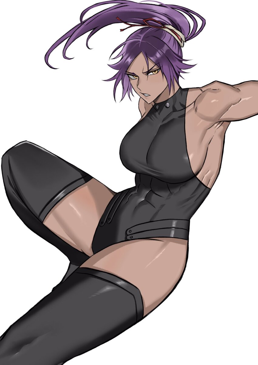 1girl, bare shoulders, black leotard, black thighhighs, bleach, bleach: sennen kessen-hen, breasts, collarbone, dark skin, dark-skinned female, female focus, hair ornament, highleg, highleg leotard, highres, large breasts, leotard, lips, long hair, mojoho, muscular, muscular female, parted bangs, parted lips, ponytail, purple hair, shihouin yoruichi, shiny skin, sideboob, simple background, solo, solo focus, thighhighs, thighs, white background, yellow eyes