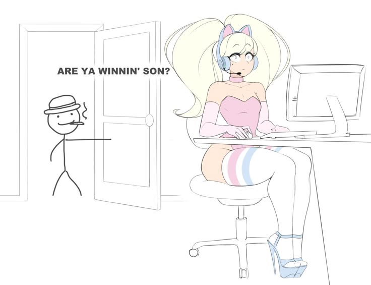 1femboy, 2boys, blonde hair, computer, dad, dad fucking son, deception, door, femboy, gamer, hat, heels, legs, meme, meme reference, playing, playing videogame, room, sad, scared, silly, smoking, socks, son, terror, thighs, uncovered