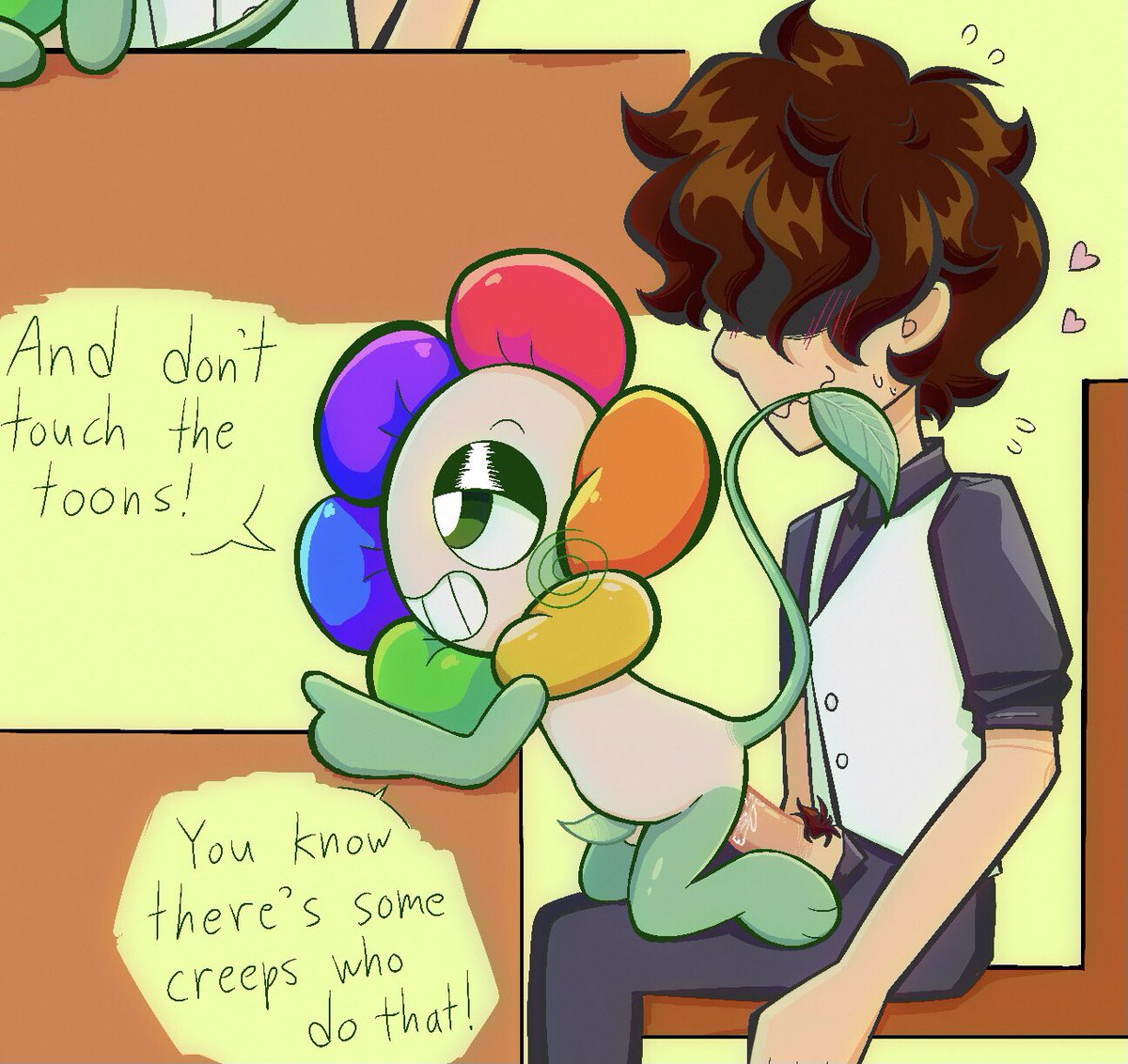 1 arm, 2boys, 2male, 2males, anal, anal sex, bent over, bent over table, blue text, blush, brown hair, buttons, chair, cock, cock visible, dandy (dandy's world), dandy's world, dandys world, devan reed (dandy's world), dick, erection, eyes not visible, flower, flower petals, gakuranchan, gay, gay anal, gay sex, getting erect, getting fucked, green eyes, green skin, hair on cock, hearts around head, leaf, leaf tail, medium cock, no balls, non-human, not full image, not my art, off white body, one eye visible, pointing, pointing at another, rainbow flower, roblox, shirt, sideview, sitting, sitting in chair, sitting on lap, small cock, smaller sub bigger dom, sweat, sweating, table, tail, tentacle cock, text, text bubble, toon x handler, toon x human, toonophilia, toonxhandler, toonxhuman, twosome, vest, white skin, white skinned male, yellow background, yellow text box