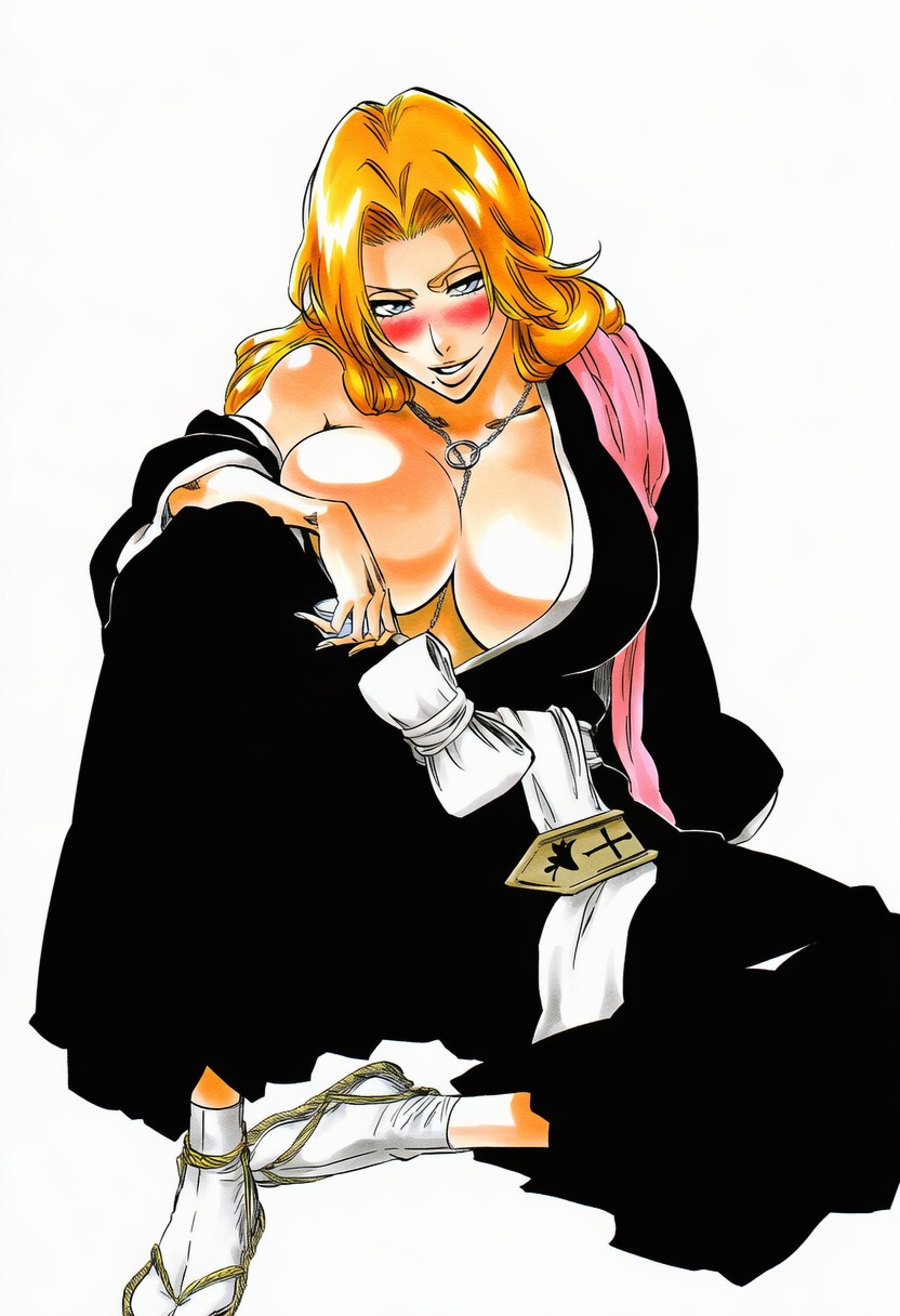 1girls, accurate art style, accurate body type, ai generated, badge, belly button, between breasts, big breasts, black kimono, bleach, blue eyes, blush, breast press, breast slip, breasts, busty, cel shading, chain necklace, cleavage, clothed, clothing, curvaceous, curvy, drunk, female, female focus, female only, footwear, full body, grin, haori, high resolution, highres, huge breasts, japanese clothes, jewelry, kimono, large breasts, large filesize, light skin, light-skinned female, line art, long hair, looking at viewer, manga style, matsumoto rangiku, mole, mole under mouth, naughty face, navel, necklace, no bra, nose blush, off shoulder, one breast out, open clothes, orange hair, pink scarf, robe, sandals, sash, scarf, shawl, shihakusho, shiny hair, shiny skin, simple background, sitting, smile, solo, solo female, solo focus, tabi, tite kubo style, traditional clothes, voluptuous, voluptuous female, wafuku, wardrobe malfunction, warm colors, warm lighting, wavy hair, white background, ㅇㅇ