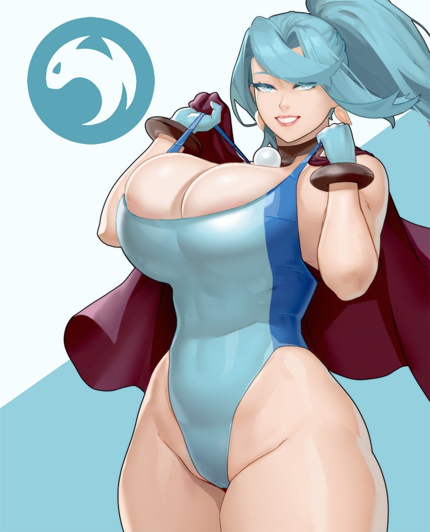 1girls, adjusting clothes, armwear, big breasts, blue eyes, blue hair, blue leotard, bracelet, breasts, cape, clair (pokemon), cleavage, dragon type, ear piercing, earrings, female, female only, game freak, hair, highleg leotard, hips, huge breasts, leotard, lips, lipstick, materclaws, neckwear, pokemon, pokemon hgss, ponytail, smile, solo, solo female, thick thighs, thighs, tied hair