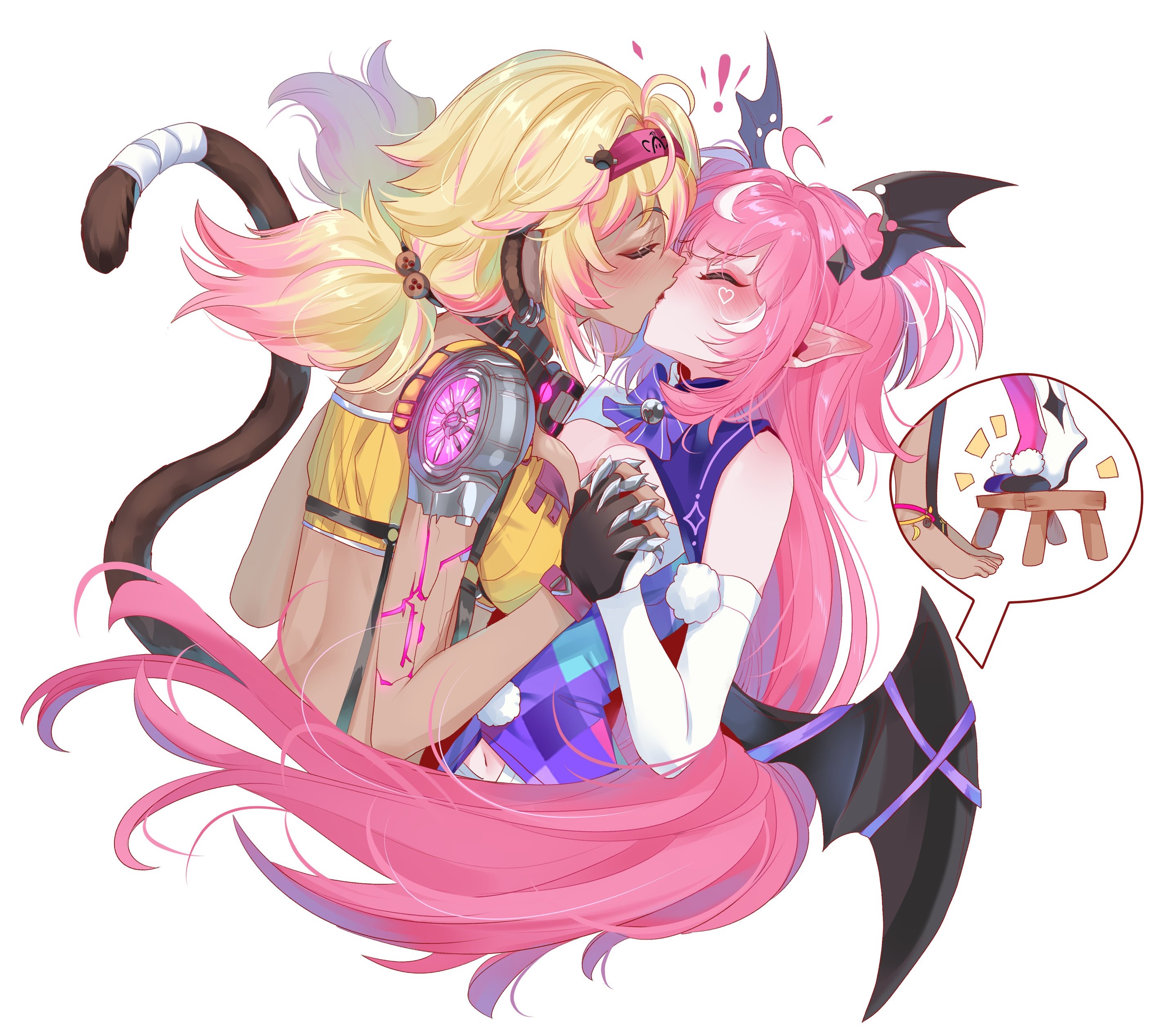 !, 2girls, absurdres, ahoge, animal ears, aroused, big breasts, black gloves, blonde hair, blush, breasts, camila (cami 2.0) (vtuber), camila (vtuber), closed eyes, dark skin, dark-skinned female, ear blush, fingerless gloves, gloves, head wings, highres, holding, holding hands, indie virtual youtuber, interlocked fingers, interracial, kemonomimi, kissing, kokonuts, large breasts, lesbian kiss, light-skinned female, long hair, medium breasts, medium hair, monkey girl, multicolored hair, multiple girls, pink hair, pointy ears, second-party source, srinitybeast, tail, virtual youtuber, wings, yuri
