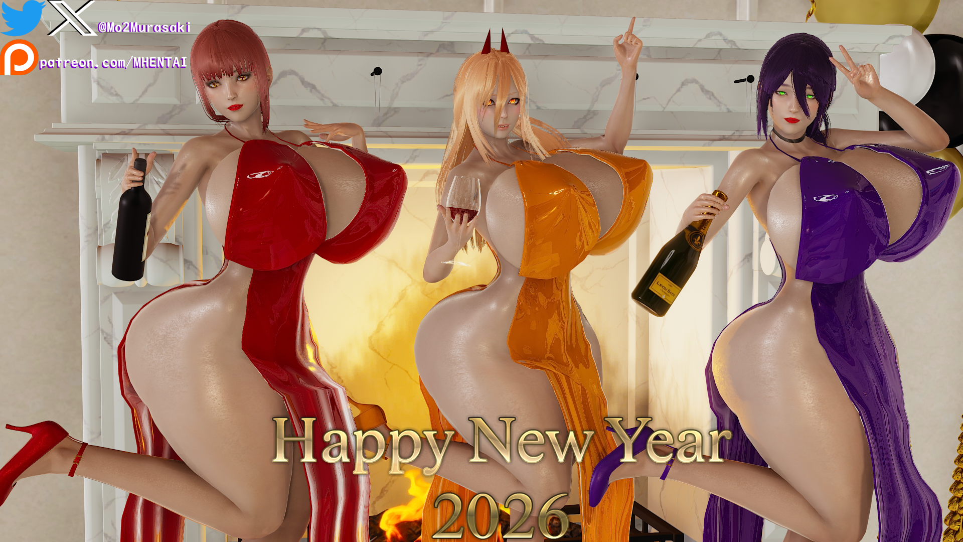 celebration, chainsaw man, demon, demon girl, demon horns, female, huge ass, huge breasts, huge butt, huge thighs, large ass, large breasts, long hair, makima (chainsaw man), murasakio (artist), orange hair, party, power (chainsaw man), purple hair, red hair, reze (chainsaw man), short hair, wine, wine bottle, wine glass