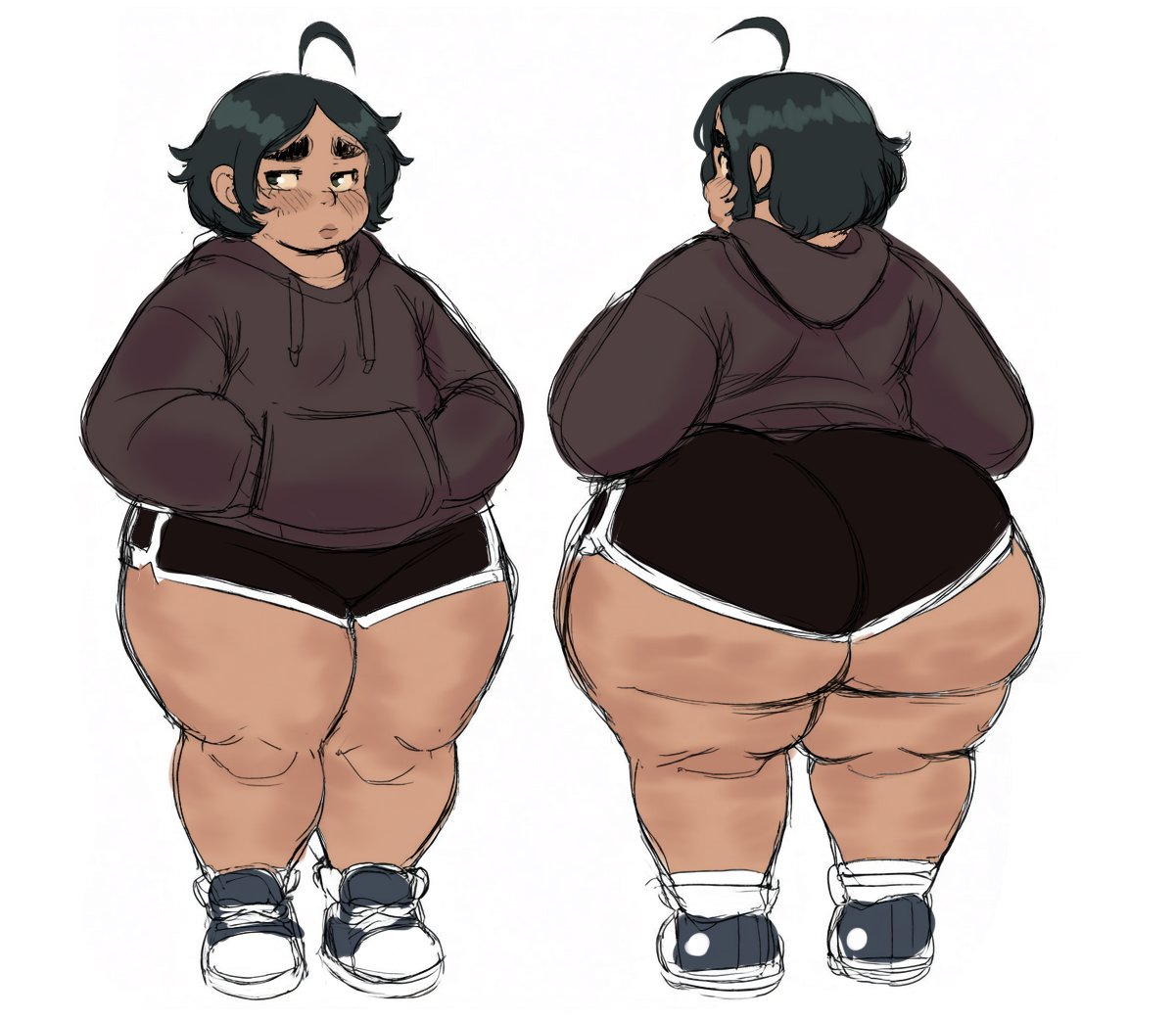 1girls, 2026, 2d (artwork), bbw, big ass, bottom heavy, chubby, chubby female, crossnsfw, curvy, curvy figure, dolphin shorts, fat ass, high resolution, hoodie, original, overweight, overweight female, short hair, shorts, solo female, solo focus, thick ass, thick thighs, tomi (doujinpearl), white background