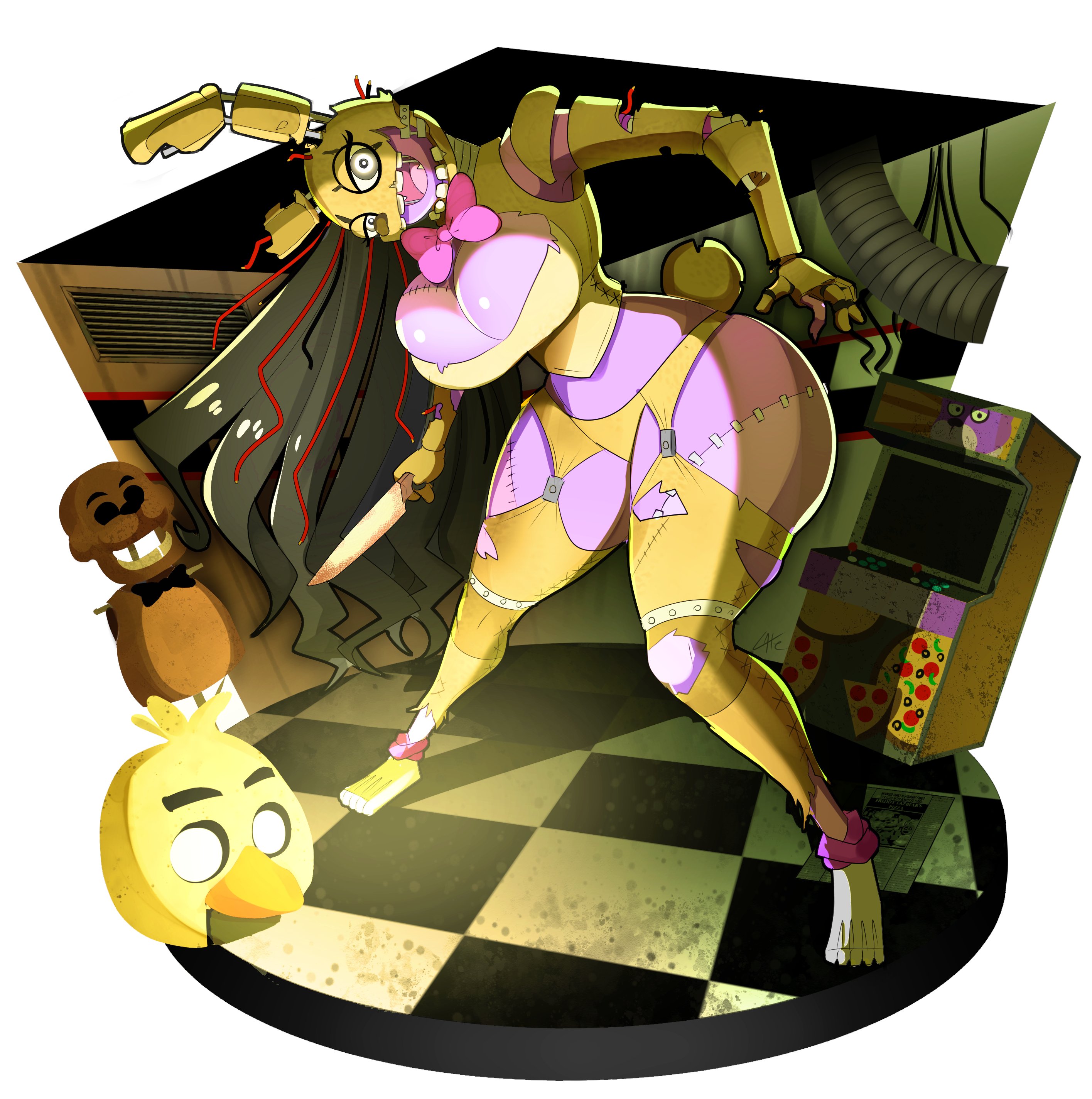 big ass, big breasts, fazbear frights (location), five nights at freddy's, five nights at freddy's 3, genderbent, knife, purple guy (fnaf), rule 63, sitches, solo, springtrap, springtrap (fnaf), theycallhimcake, thick thighs, wendy afton, wide hips, william afton, zombie, zombie girl