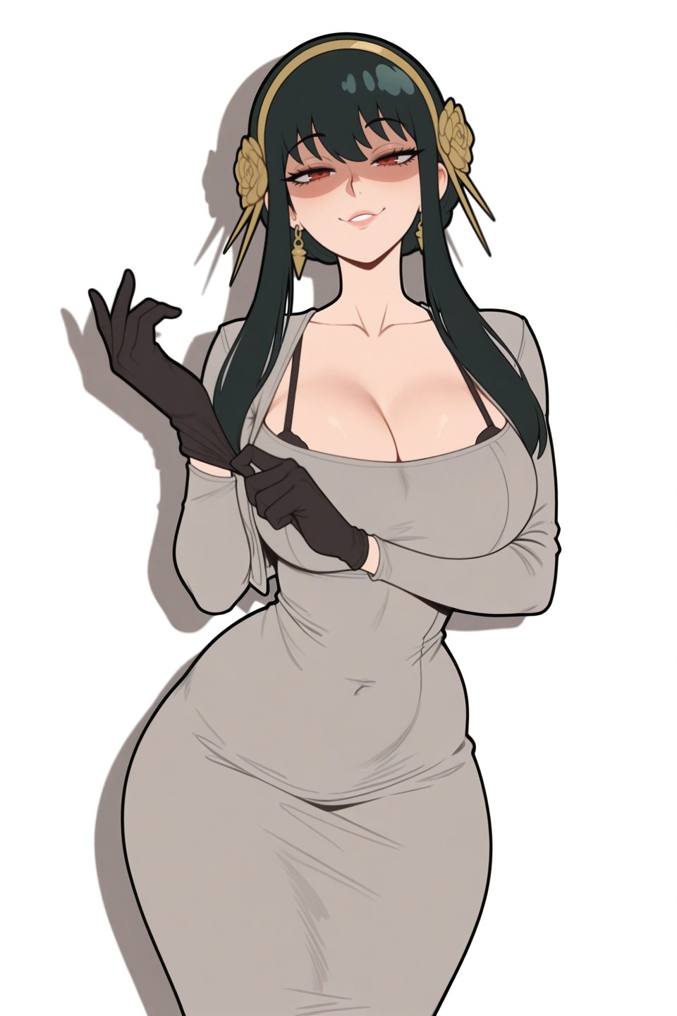 ai assisted, ai generated, aroused, asian, asian female, assassin, bangs, belly button visible through clothing, black hair, bra, bra peek, bra strap, bra visible through clothes, cleavage, cleavage cutout, cleavage overflow, deep cleavage, dongtan dress, dress, evil grin, evil smile, female, female assassin, female only, gloves, grin, grinning, hair accessory, hair ornament, hairband, hairclip, hourglass figure, hourglass figured female, large ass, large breasts, leather gloves, long dress, long hair, long sleeves, looking at another, looking at viewer, malicious smile, medium hair, milf, mischievous smile, putting on gloves, red eyes, skirt, slim waist, spy x family, thick ass, thick hips, thick legs, thick thighs, tight clothes, tight clothing, tight fit, waifu diffusion, waifuinvoker, wide hips, yor briar, yor forger