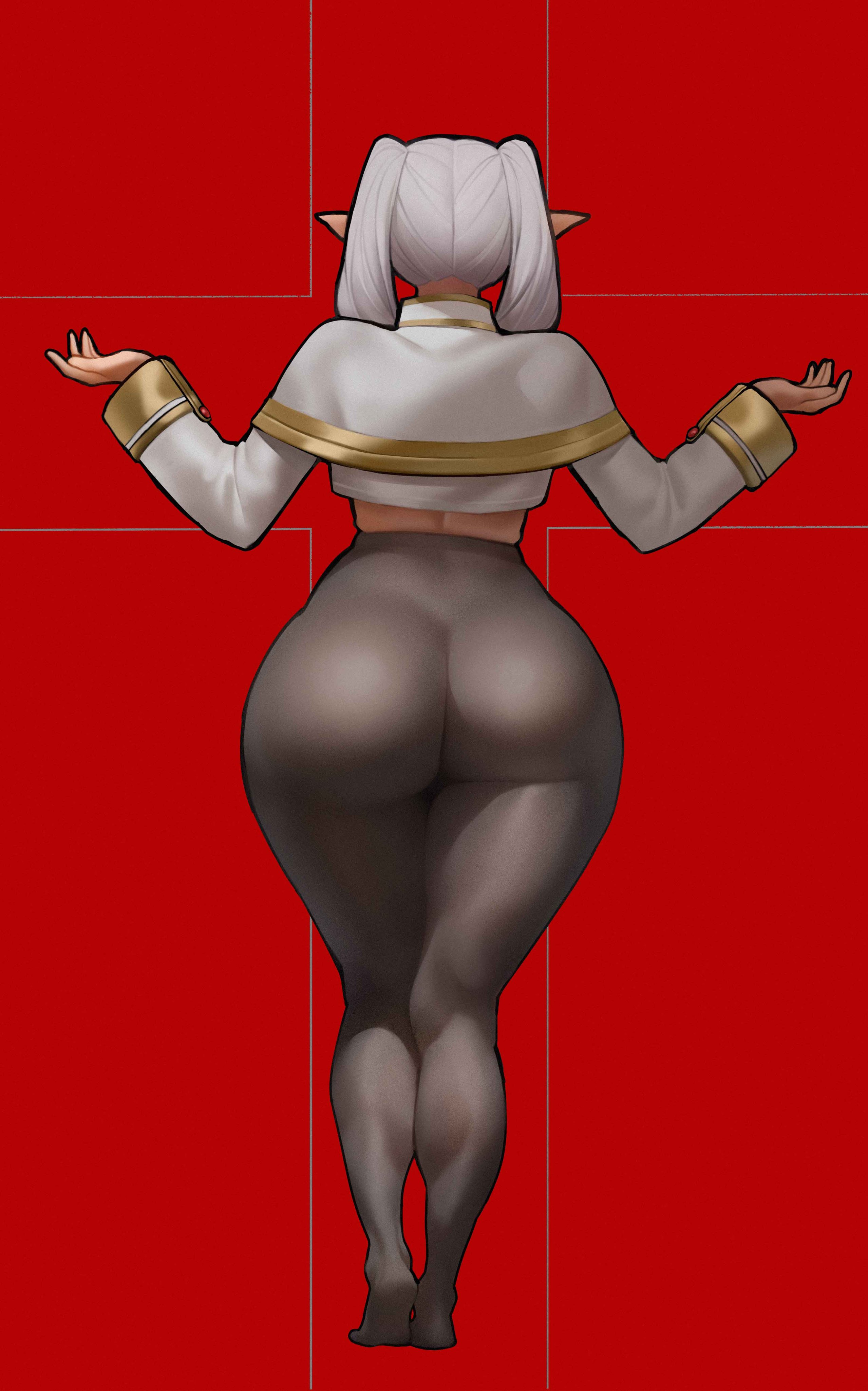 1girls, ass, ass focus, big ass, bottom heavy, bubble butt, clothing, elf, elf female, fat ass, female, female only, frieren, gluteal fold, huge ass, large ass, leggings, massive ass, pointy ears, rear view, solo, sousou no frieren, spiralnoww, thick ass, thick thighs, white hair, wide hips