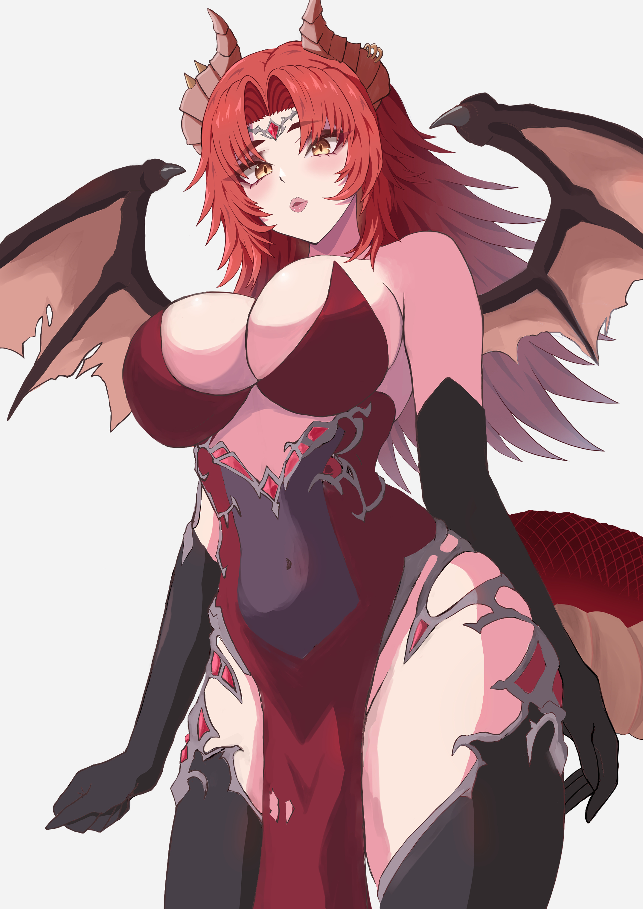 absurdres, black gloves, black thighhighs, breasts, cleavage, covered navel, dragon girl, dragon horns, dragon tail, dragon wings, dress, elbow gloves, female, gloves, highres, horns, indie virtual youtuber, large breasts, long hair, looking at viewer, meibin, navel, open mouth, red dress, red hair, tail, thighhighs, virtual youtuber, white background, wings, yellow eyes, zentreya, zentreya (dragon), zentreya (dragon) (dungeon master)