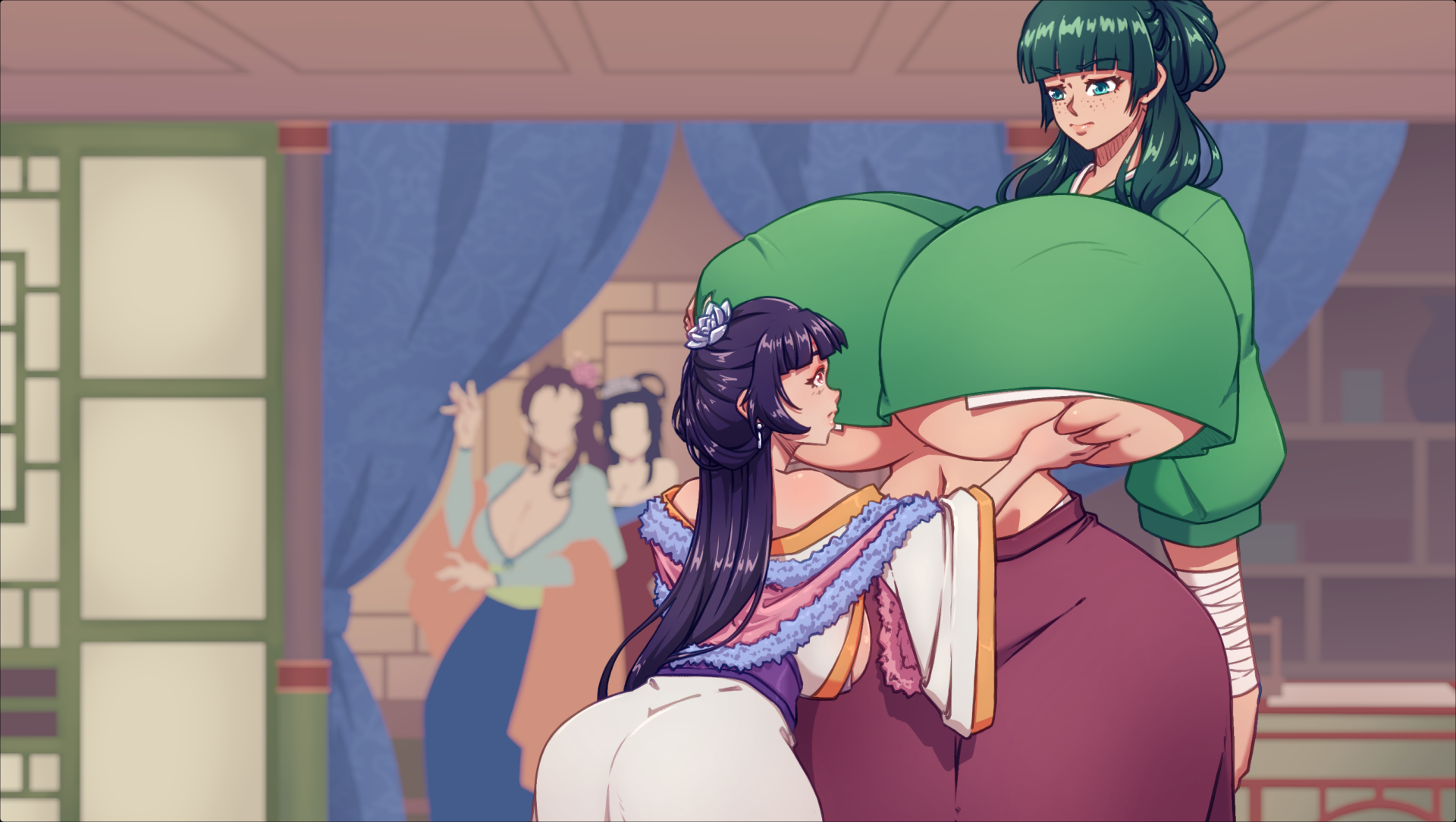 2girls, alternate breast size, big ass, big breasts, big hips, black hair, breast grab, female, female only, gigantic breasts, green clothing, green hair, green topwear, hyper breasts, kusuriya no hitorigoto, large breasts, lifting, maomao (kusuriya no hitorigoto), n647, pairin (kusuriya no hitorigoto), size difference