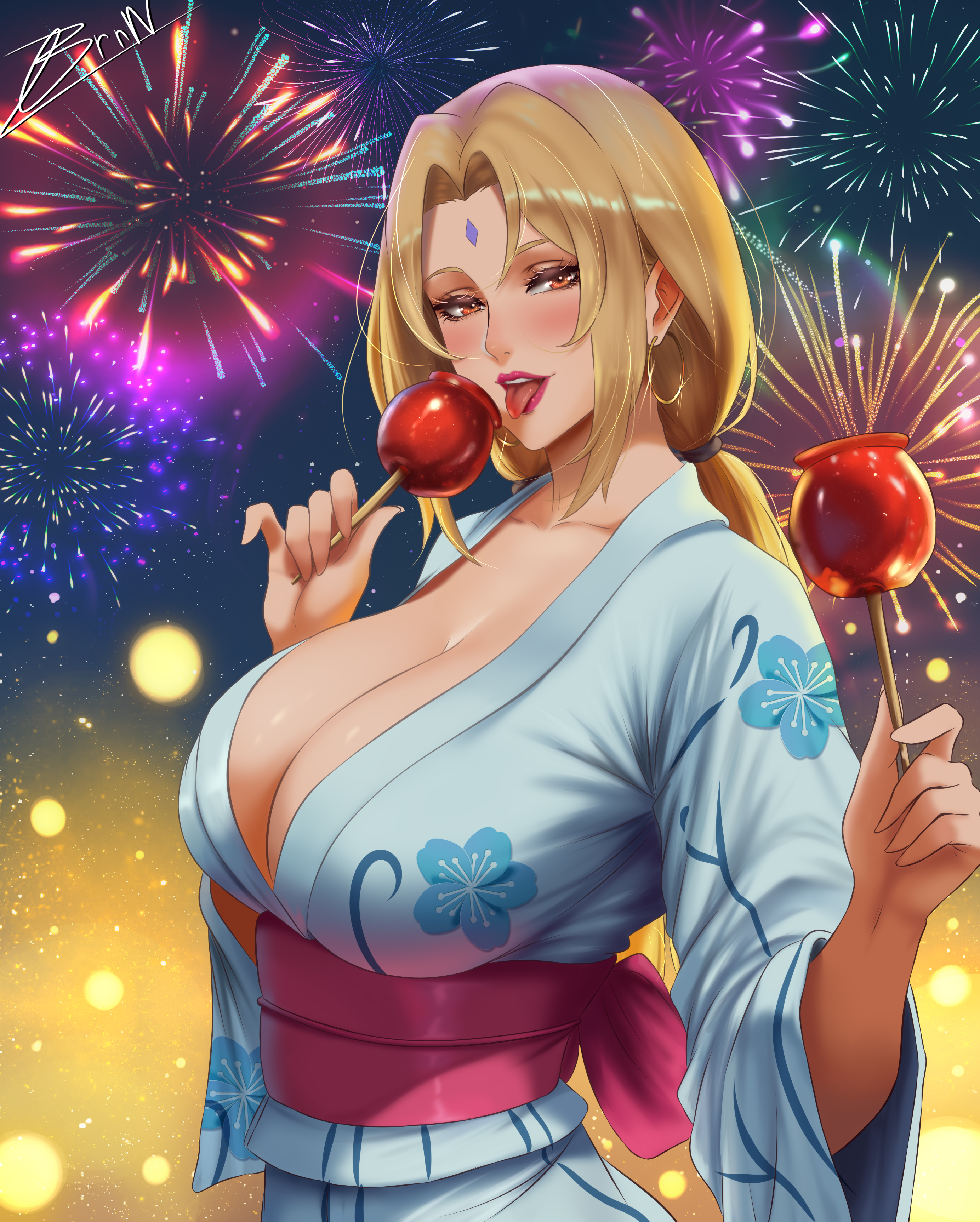 1girls, 2026, absurdres, blonde hair, breasts, brnn, candy apple, cleavage, earrings, eating, facial mark, female, female only, fireworks, food, forehead mark, grandma, hair intakes, highres, hoop earrings, incoming food, japanese clothes, jewelry, kimono, large breasts, long hair, looking at viewer, mature female, milf, naruto, naruto (series), naruto shippuden, new year, obi, old, old woman, red eyes, sash, solo, tsunade, voluptuous, yukata
