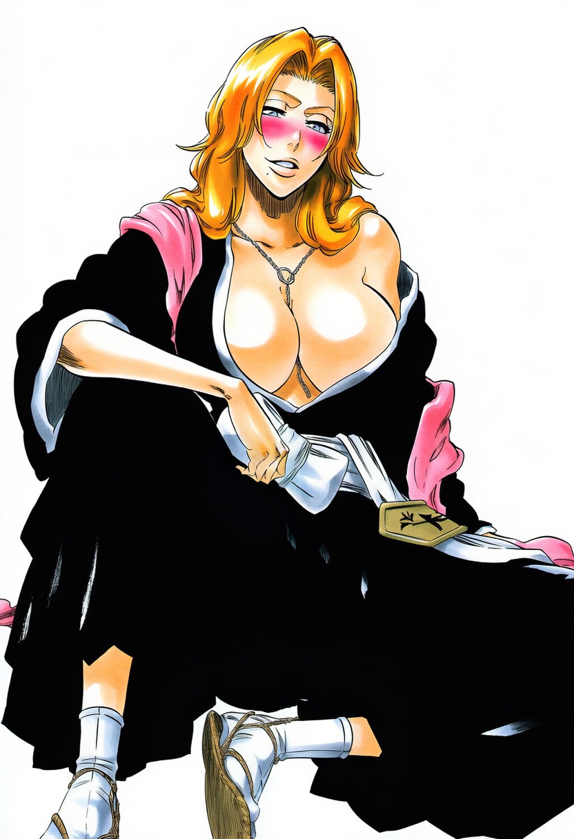 1girls, accurate art style, accurate body type, ai generated, badge, between breasts, big breasts, bleach, blue eyes, blush, breasts, busty, cel shading, chain necklace, cleavage, clothed, clothing, curvaceous, curvy, drunk, female, female focus, female only, haori, high resolution, highres, japanese clothes, jewelry, kimono, large breasts, large filesize, light skin, light-skinned female, line art, long hair, looking at viewer, manga style, matsumoto rangiku, mole, mole under mouth, necklace, no bra, nose blush, off shoulder, orange hair, pink scarf, robe, sandals, sash, scarf, shihakusho, shiny hair, shiny skin, simple background, sitting, smile, solo, solo female, solo focus, tite kubo style, traditional clothes, voluptuous, voluptuous female, wafuku, warm colors, warm lighting, wavy hair, white background, ㅇㅇ