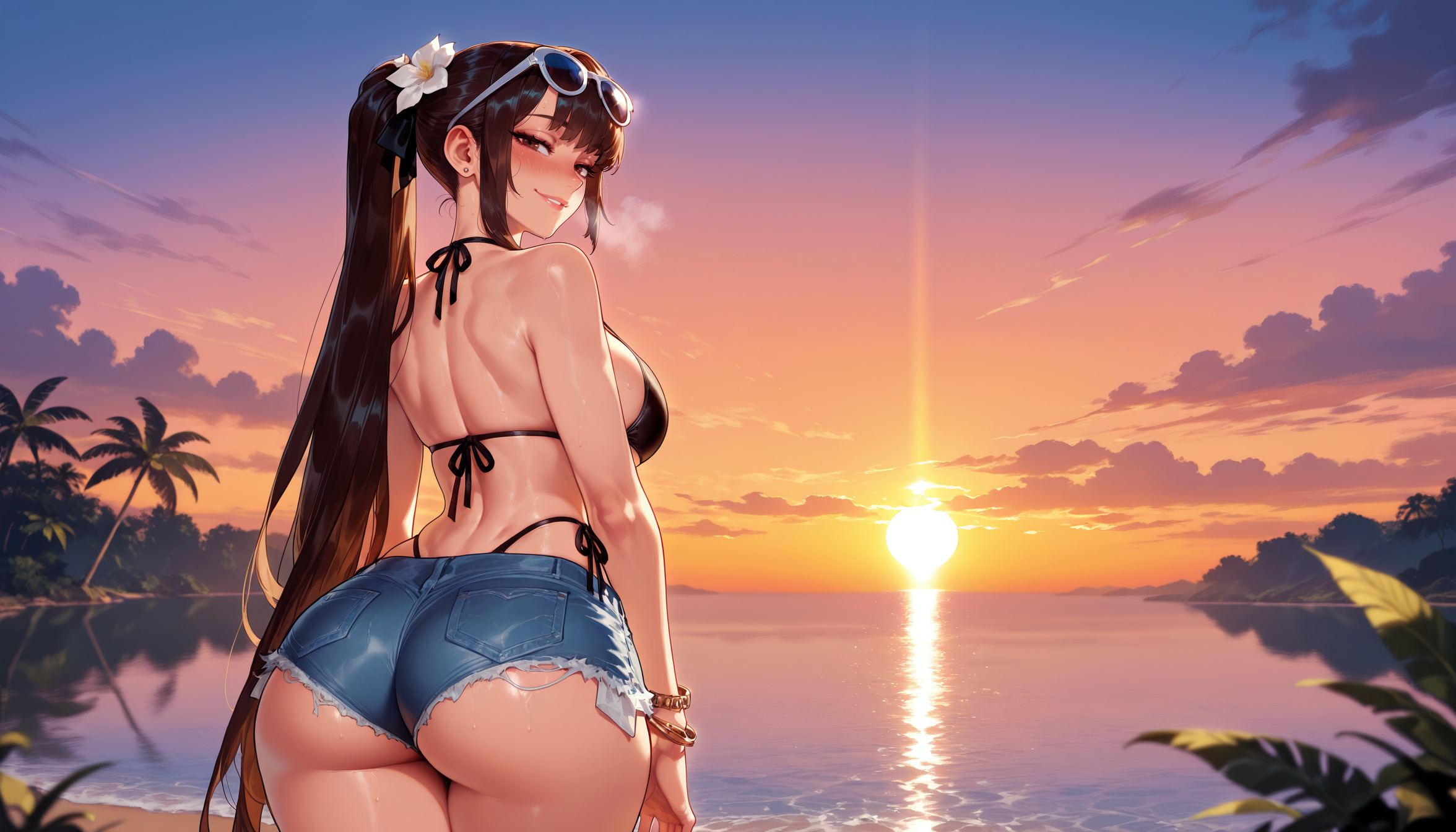 1girls, ai generated, ass, back, balecxi, bangle, bare shoulders, beach, bikini, bikini under clothes, black bikini, black hair, blush, bracelet, breasts, breath, brown eyes, brown hair, closed mouth, clothing, cloud, cloudy sky, curvaceous, curvaceous female, curvaceous figure, curvy, curvy figure, cutoffs, denim, denim shorts, dusk, earrings, eve (stellar blade), evening, eyewear on head, female, female focus, female only, flower, from behind, gradient sky, hair flower, hair ornament, half-closed eyes, halterneck, highleg, highleg bikini, horizon, inviting, jewelry, large breasts, lips, long hair, looking at viewer, looking back, median furrow, micro shorts, ocean, orange sky, outdoors, palm tree, ponytail, presenting, presenting ass, presenting breasts, presenting hindquarters, presenting self, seductive, seductive look, seductive smile, shiny skin, short shorts, shorts, shoulder blades, side-tie bikini bottom, sidelocks, skindentation, sky, smile, solo, standing, stellar blade, string bikini, stud earrings, sun, sunglasses, sunset, swimsuit, thighs, thong, thong bikini, tree, very long hair, voluptuous, voluptuous female, water, white flower, wide hips