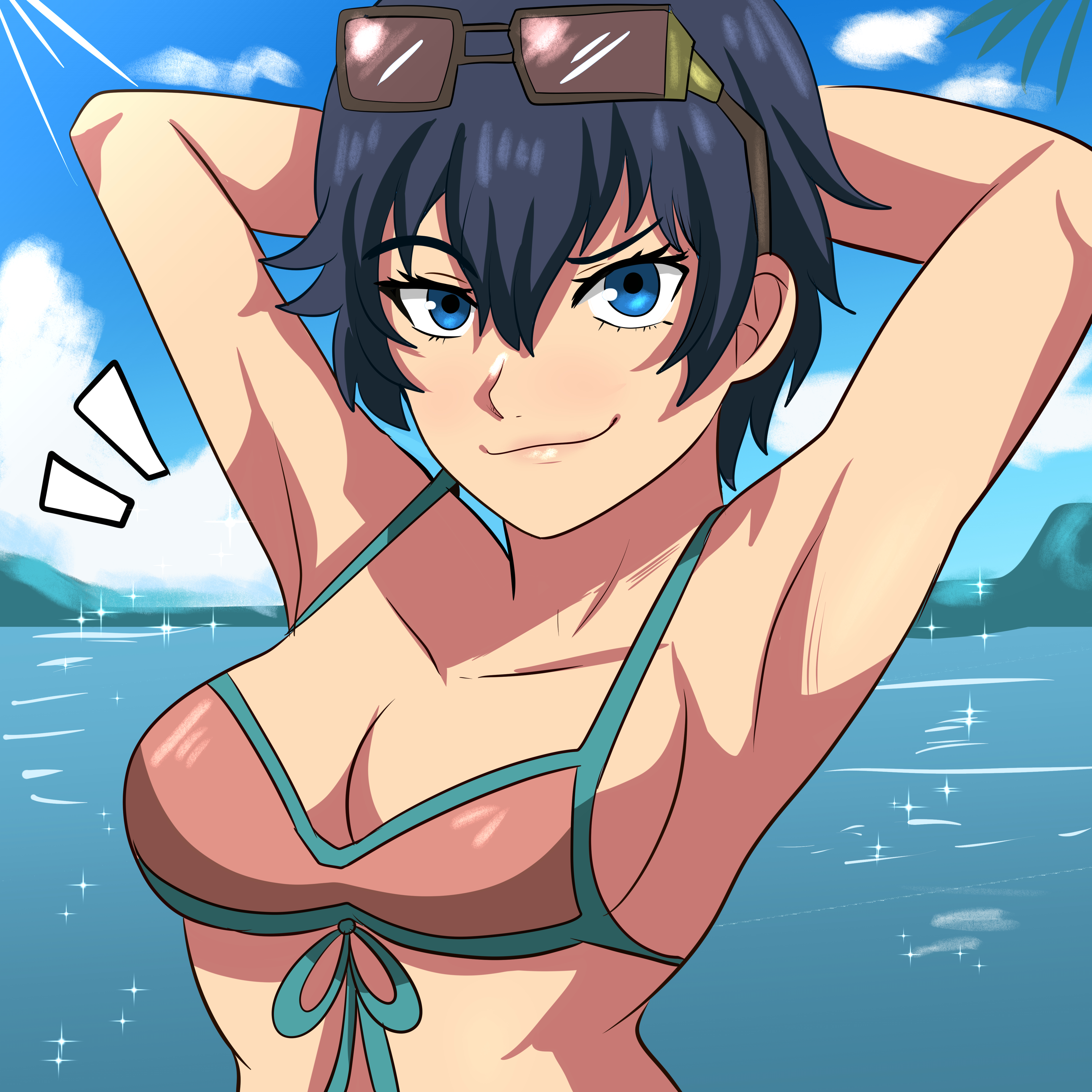arms up, asian, asian female, atlus, big breasts, bikini, bikini top, blue hair, breasts, commission, commissioner upload, karbuitt, looking at viewer, megami tensei, naoto shirogane, outdoors, persona, persona 4, shirogane naoto, sunglasses, sunglasses on head