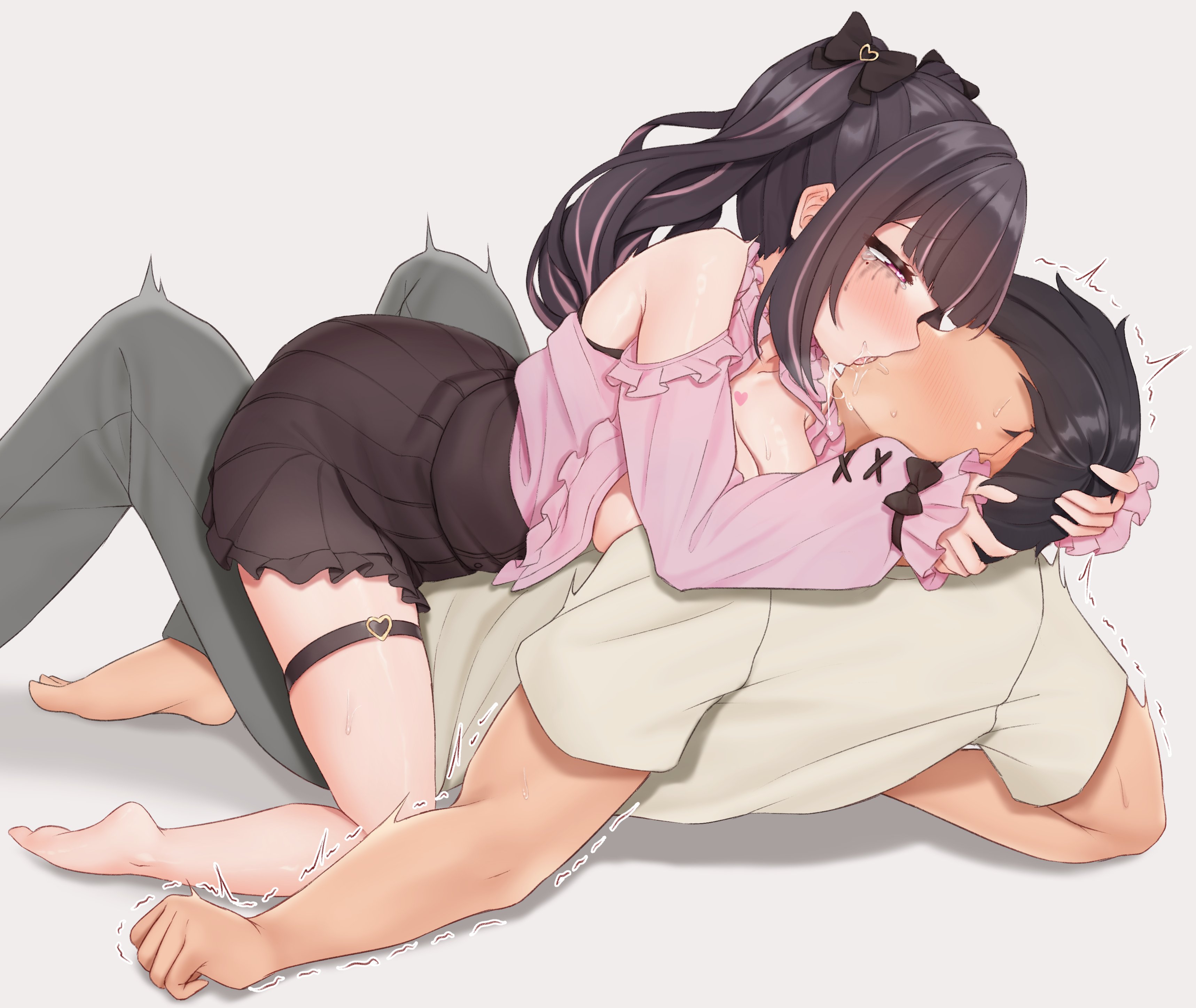 1boy, 1girls, absurdres, barefoot, black bow, black hair, black skirt, blush, bow, breasts, clothing cutout, cowgirl position, faceless, faceless male, female, french kiss, hairbow, highres, himemiya rie, jirai kei, kissing, large breasts, light skin, light-skinned female, light-skinned male, long hair, long sleeves, makeup, multicolored hair, phase alias, phase connect, pink hair, pink shirt, puffy long sleeves, puffy sleeves, runny makeup, shirt, short hair, shoulder cutout, skirt, sleepypudding, straight, streaked hair, thigh strap, trembling, twintails, two-tone hair, virtual youtuber