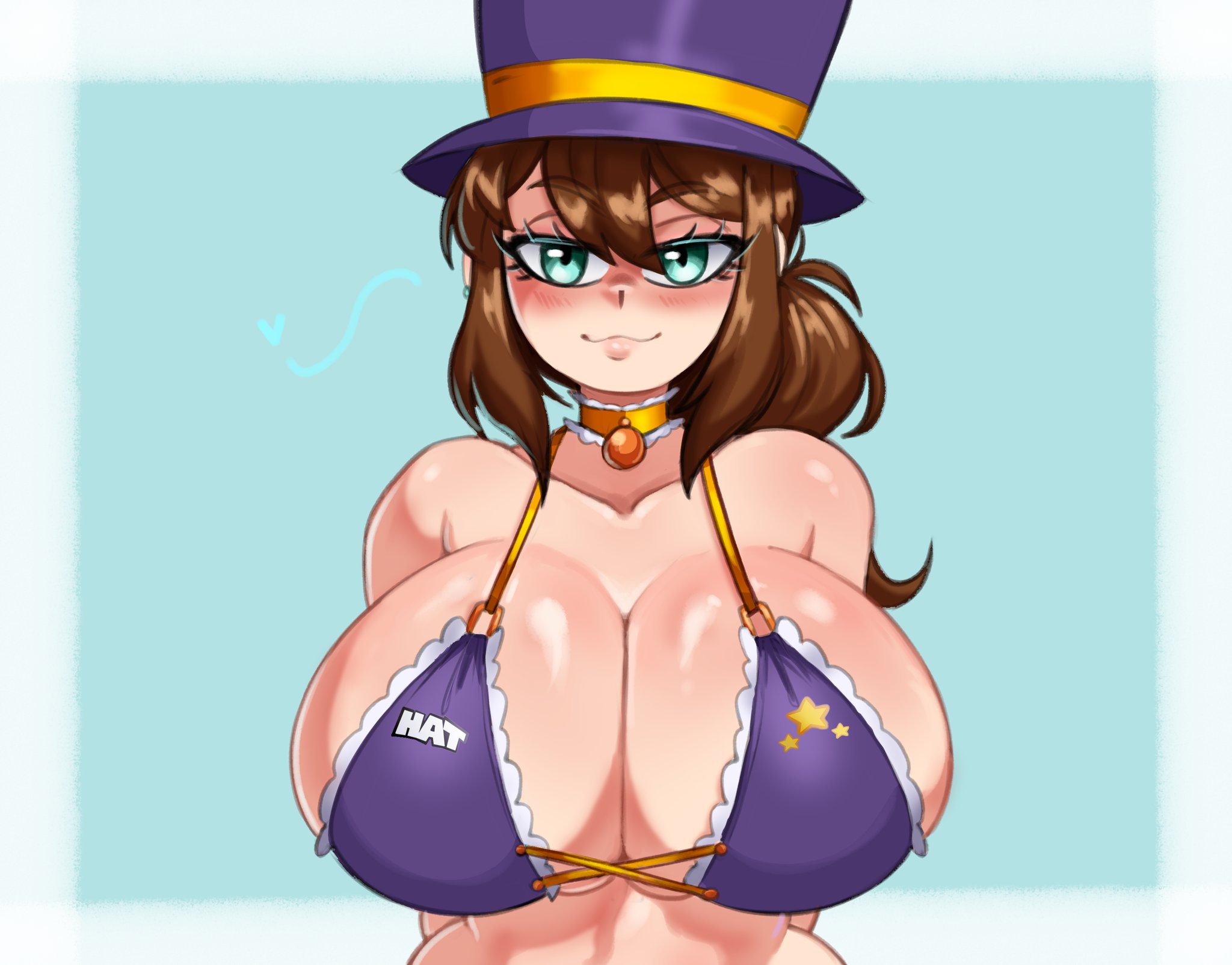 1girls, a hat in time, aged up, bikini, blue eyes, brown hair, commission, digital media, digital media (artwork), doocen, eyelashes, female, female focus, female only, hat adult, hat kid, light skin, light-skinned female, looking at viewer, pale skin, pale-skinned female, ponytail, simple background, solo, solo female, solo focus, tied hair