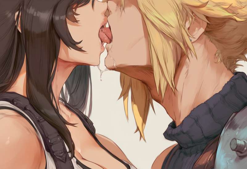 1boy, 1boy1girl, 1boys, 1girl1boy, 1girls, 2d, 2d (artwork), 2d artwork, ai generated, belly, belly button, big ass, big balls, big belly, black hair, black hair female, black legwear, black thighhighs, blonde eyebrows, blonde hair, blonde male, blonde pubic hair, blonde-haired male, blue eyes, cloud strife, female, final fantasy, final fantasy vii, final fantasy vii remake, kiss on lips, kissing, lucakp, masculine, masculine female, masculine male, red eyes, red lipstick, thick lips, thick thighs, tifa lockhart, tongue, tongue fucking, tongue kiss, tongue out, tongue wrap