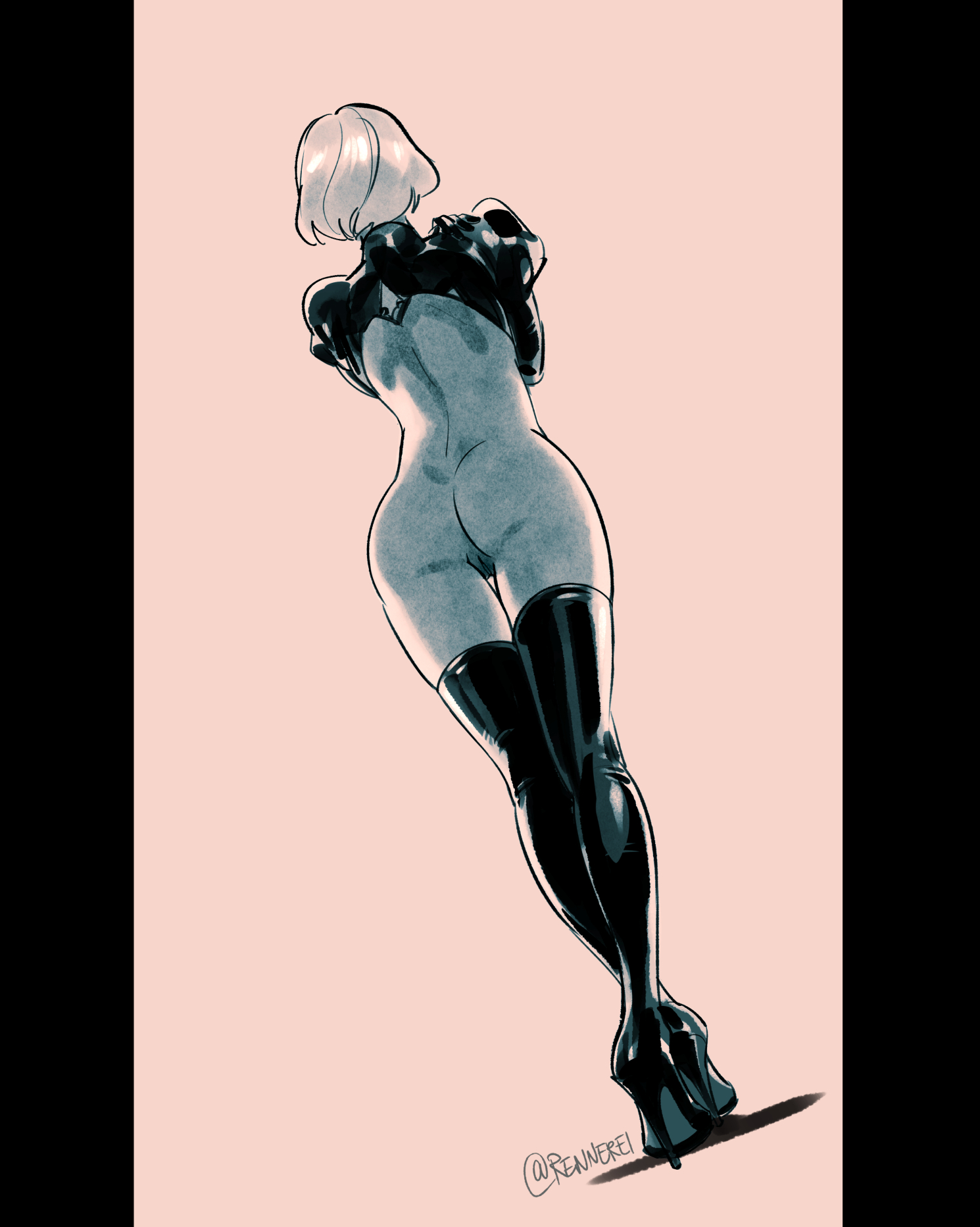 ass, ass focus, back view, bubble butt, nier, nier (series), nier: automata, rhabarberei, short hair, stockings, stockings only, thighhighs, tight ass, yorha 2b