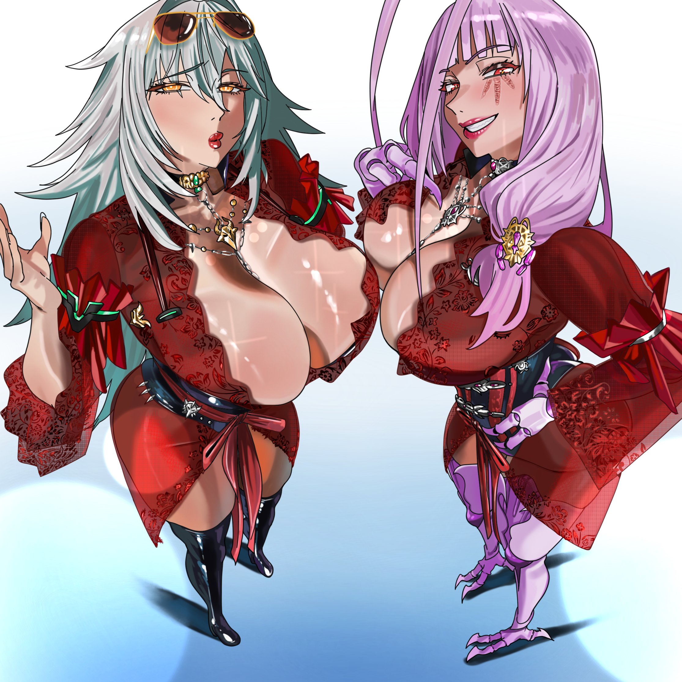 2girls, arthropod girl, black thighhighs, breasts, cleavage, closed mouth, cockroach girl, commentary, dress, english commentary, eyewear on head, glasses, grey hair, hair over one eye, highres, indie virtual youtuber, large breasts, light skin, light-skinned female, looking at viewer, matara kan, monster girl, mothimor (amothimor), multiple girls, pink hair, red dress, see-through clothes, thighhighs, virtual youtuber, yellow eyes, zentreya, zentreya (cyborg), zentreya (cyborg) (regal)