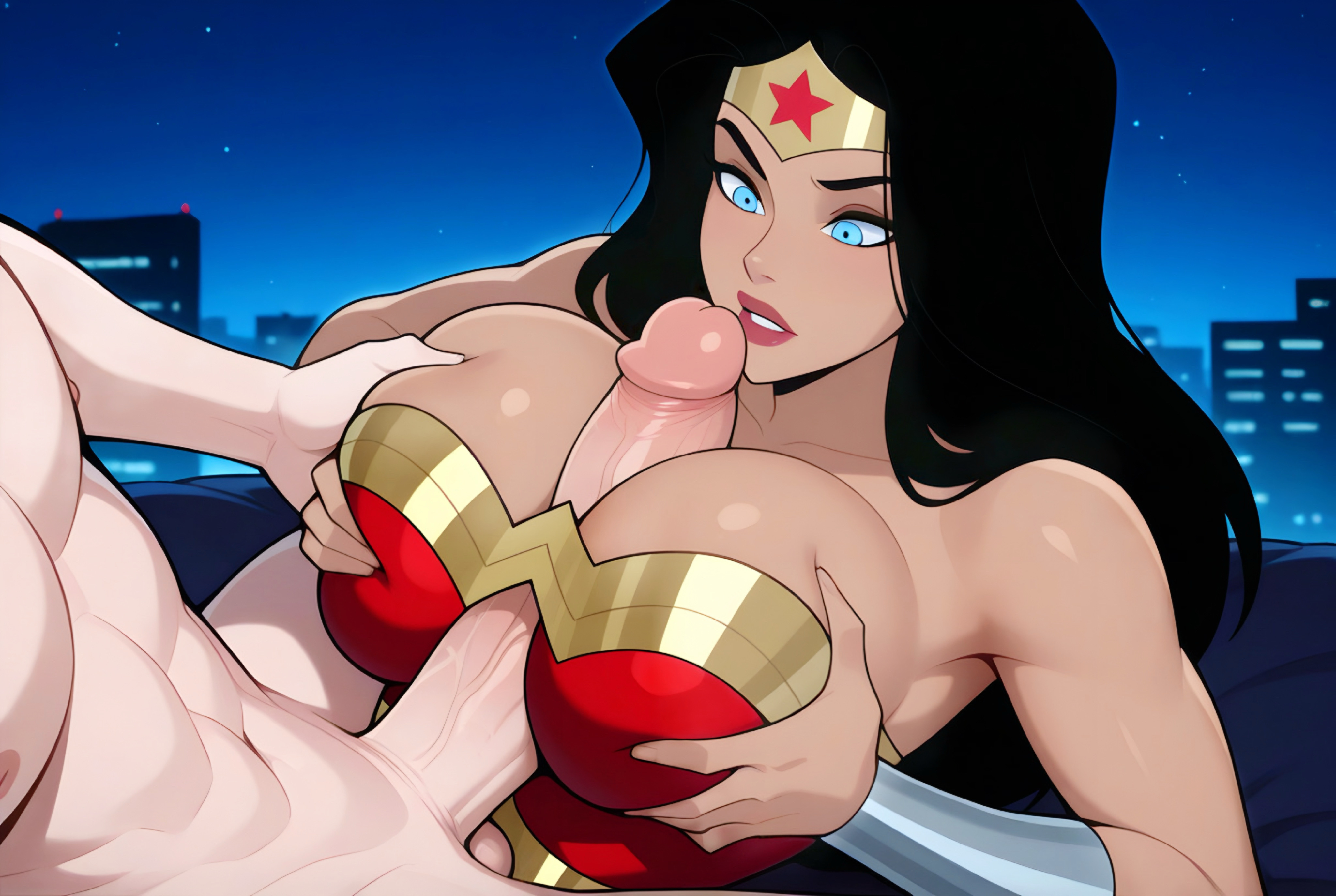 1girls, ai, ai assisted, ai generated, black hair, blue eyes, boobjob, breasts, cleavage, dc, dc comics, diana prince, dirtmaster, female, huge cock, justice league, large penis, night sky, paizuri, paizuri under clothes, pale penis, penis, penis between breasts, penis on lips, squeezing breast, superhero, superheroine, titjob, tittyfuck, wonder woman, wonder woman (series)